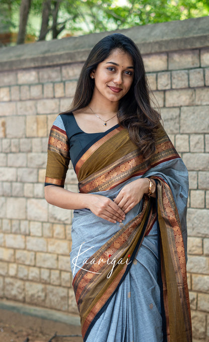 Annapakshi - Grey and Light Brown Kanchi Cotton Saree