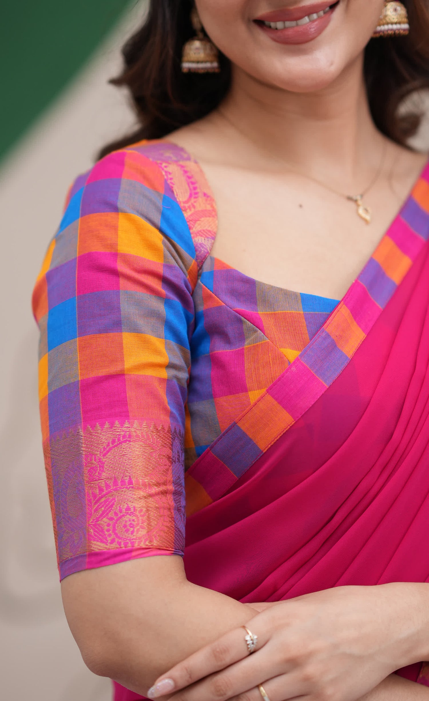 Padmaja Sky Blue and Pink Kandangi Checks Cotton Halfsaree