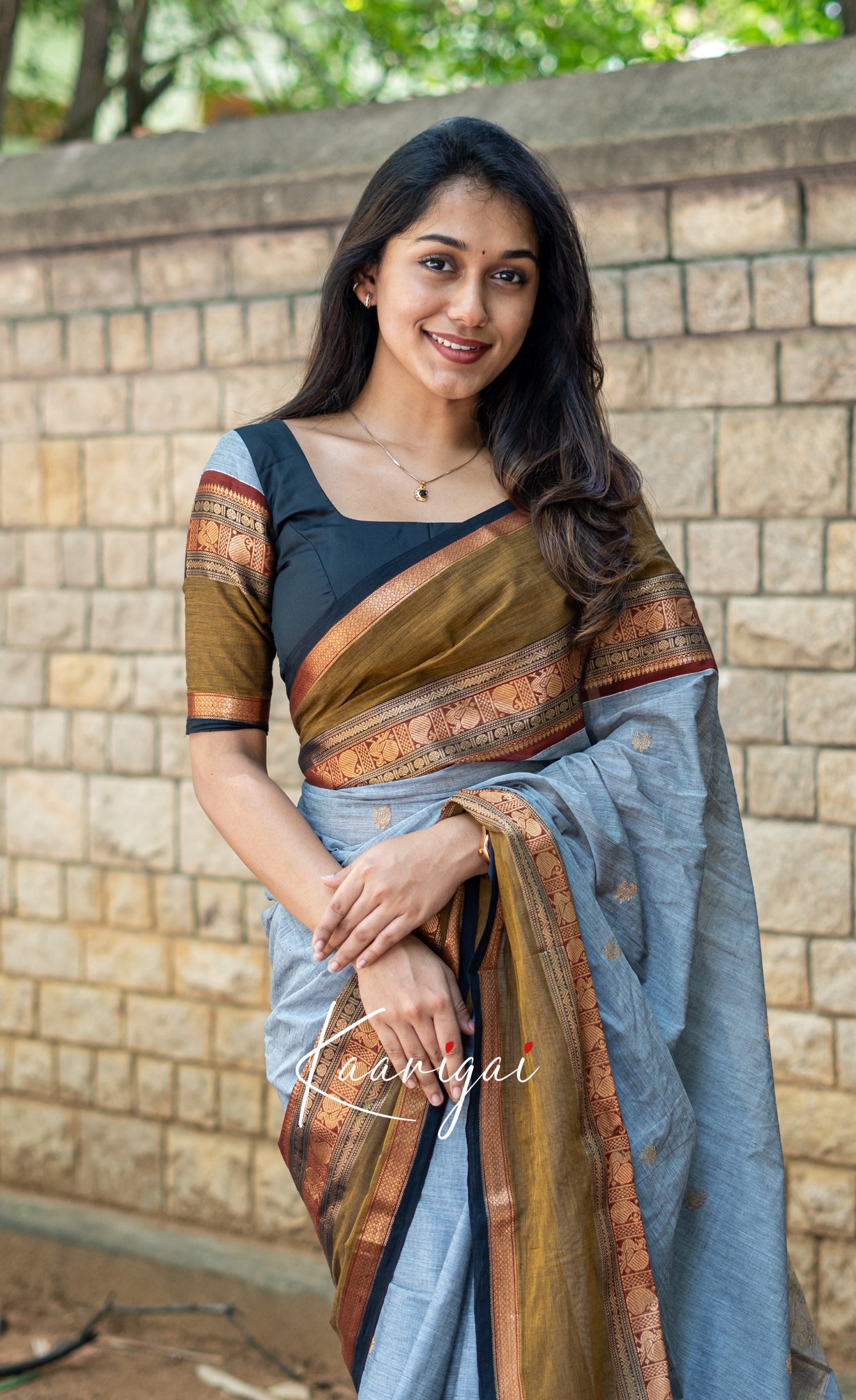 Annapakshi - Grey and Light Brown Kanchi Cotton Saree