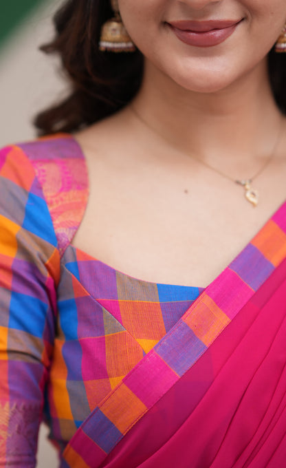 Padmaja Sky Blue and Pink Kandangi Checks Cotton Halfsaree
