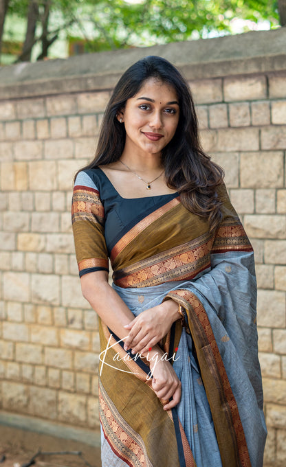 Annapakshi - Grey and Light Brown Kanchi Cotton Saree