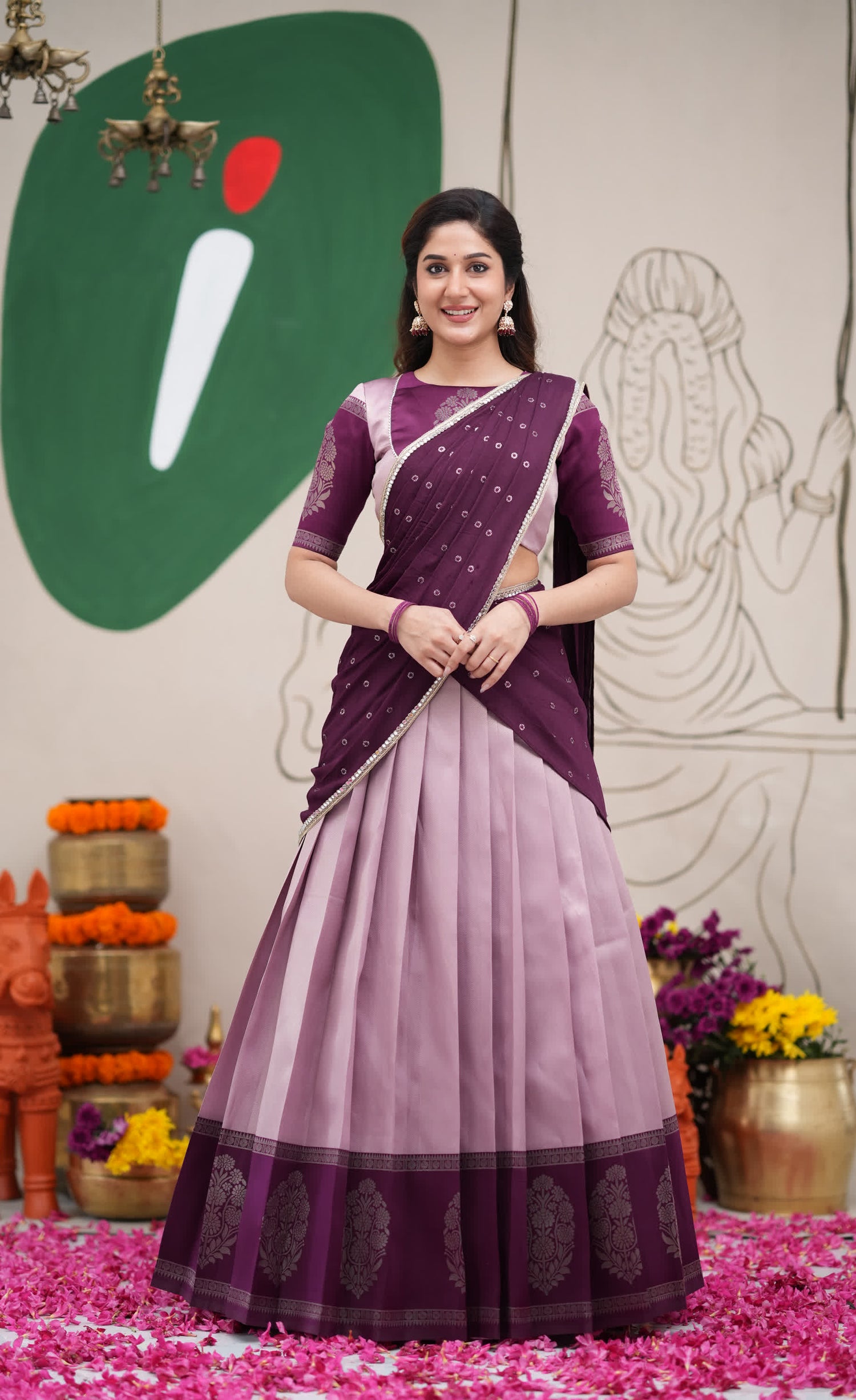 Padmakshi Lavender and Dark Purplish Wine Blended Silk Halfsaree