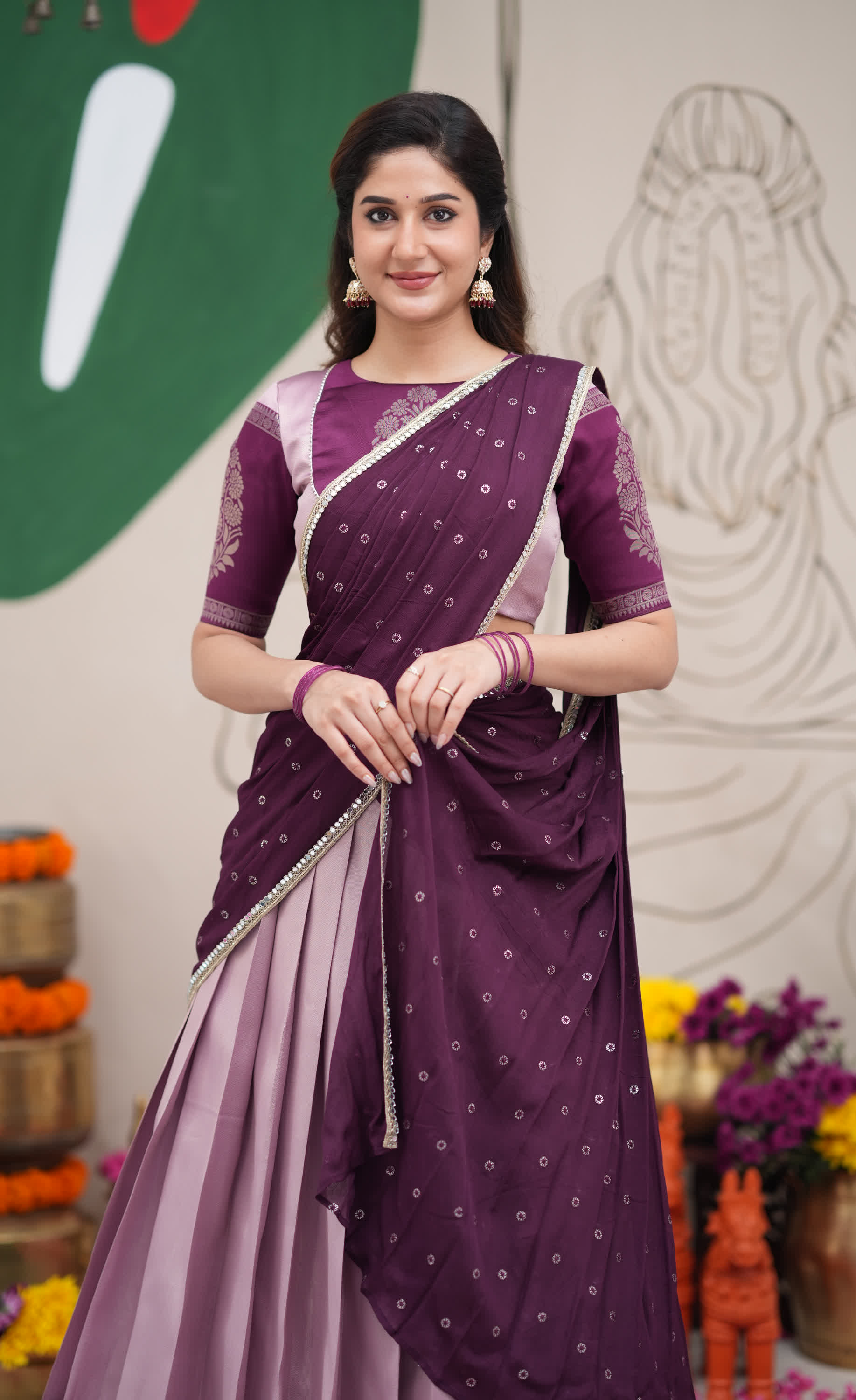 Padmakshi Lavender and Dark Purplish Wine Blended Silk Halfsaree