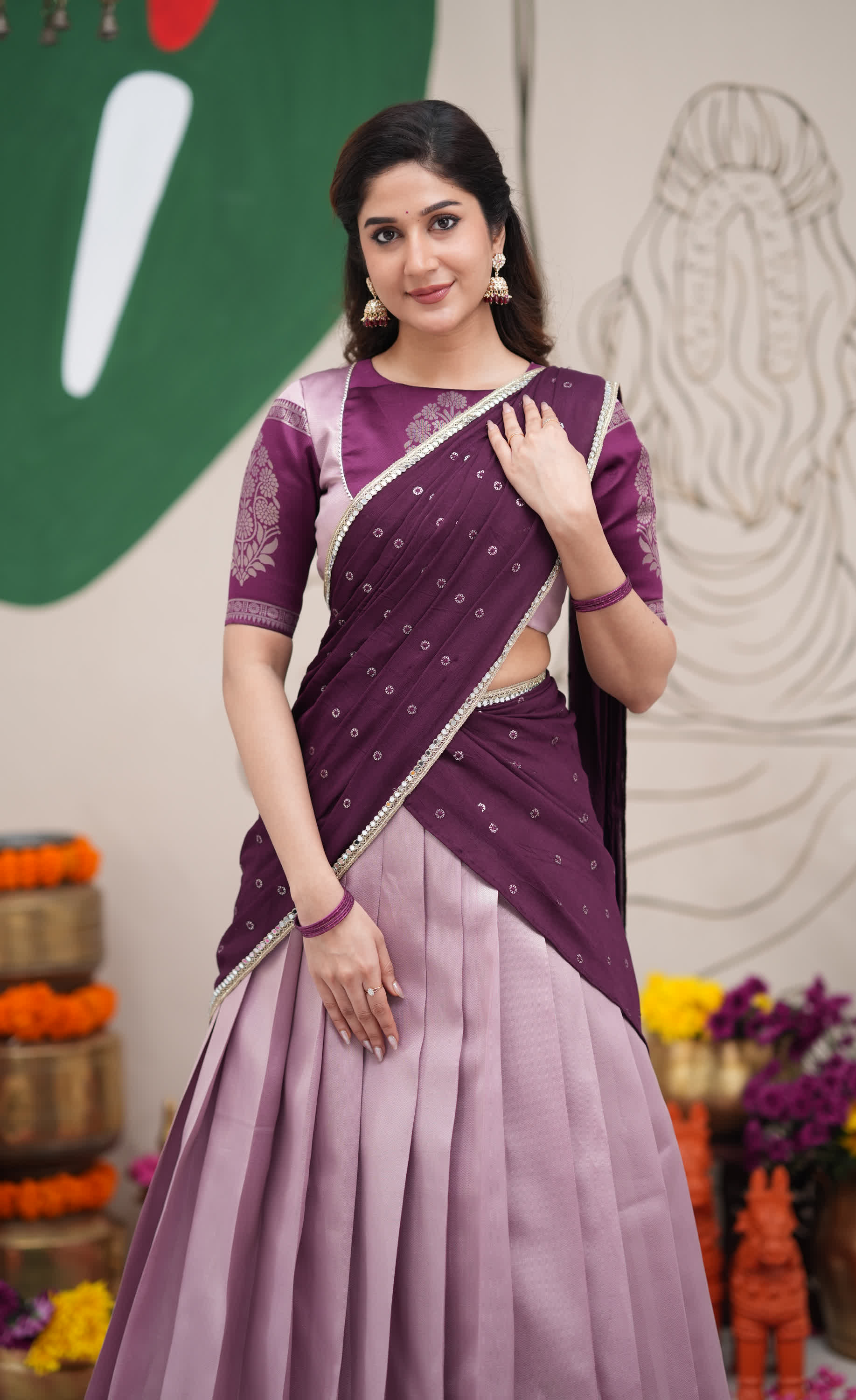 Padmakshi Lavender and Dark Purplish Wine Blended Silk Halfsaree