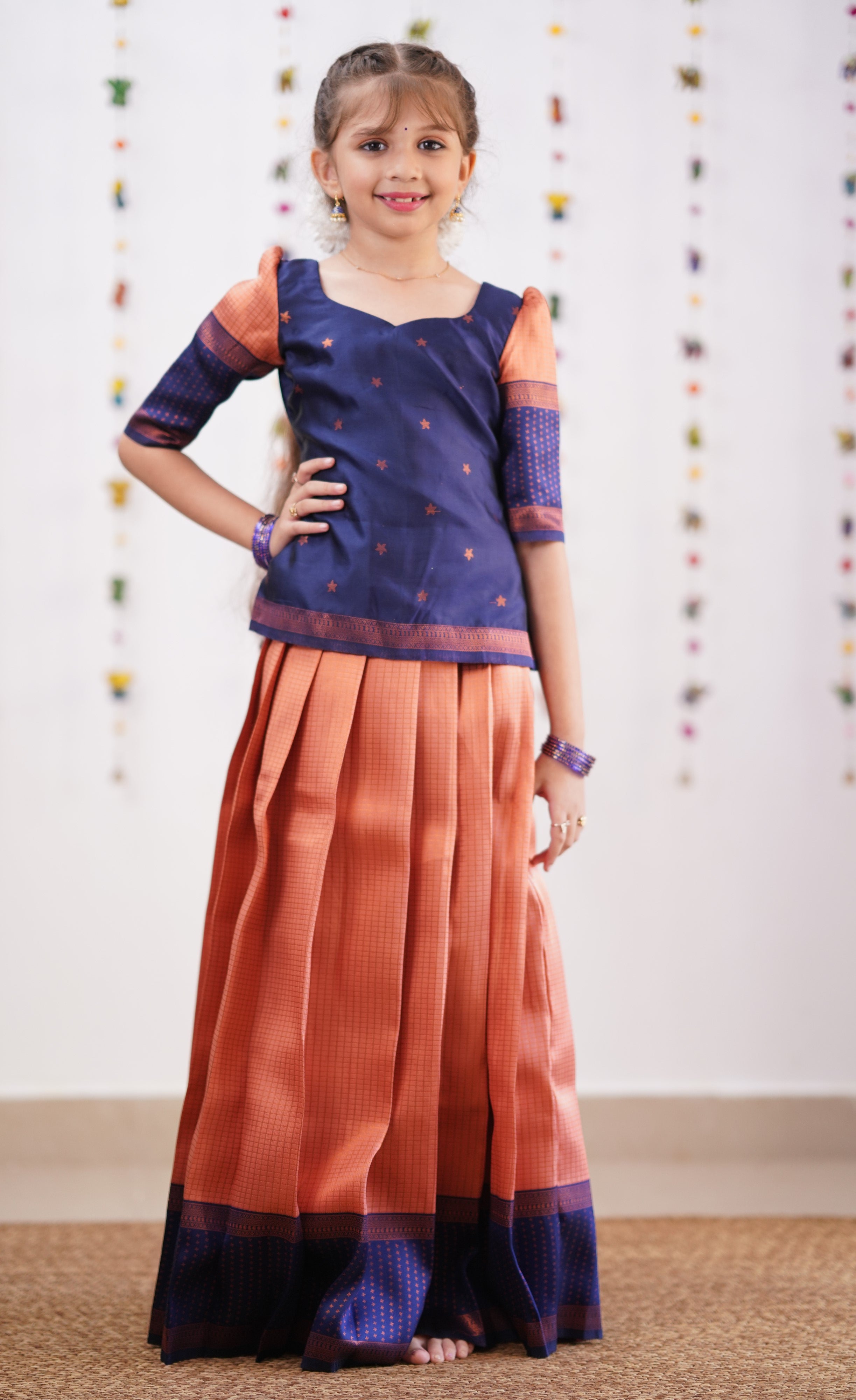 Padmakshi - Copper shade and Navy Blue tone Blended Silk Pavadai Sattai