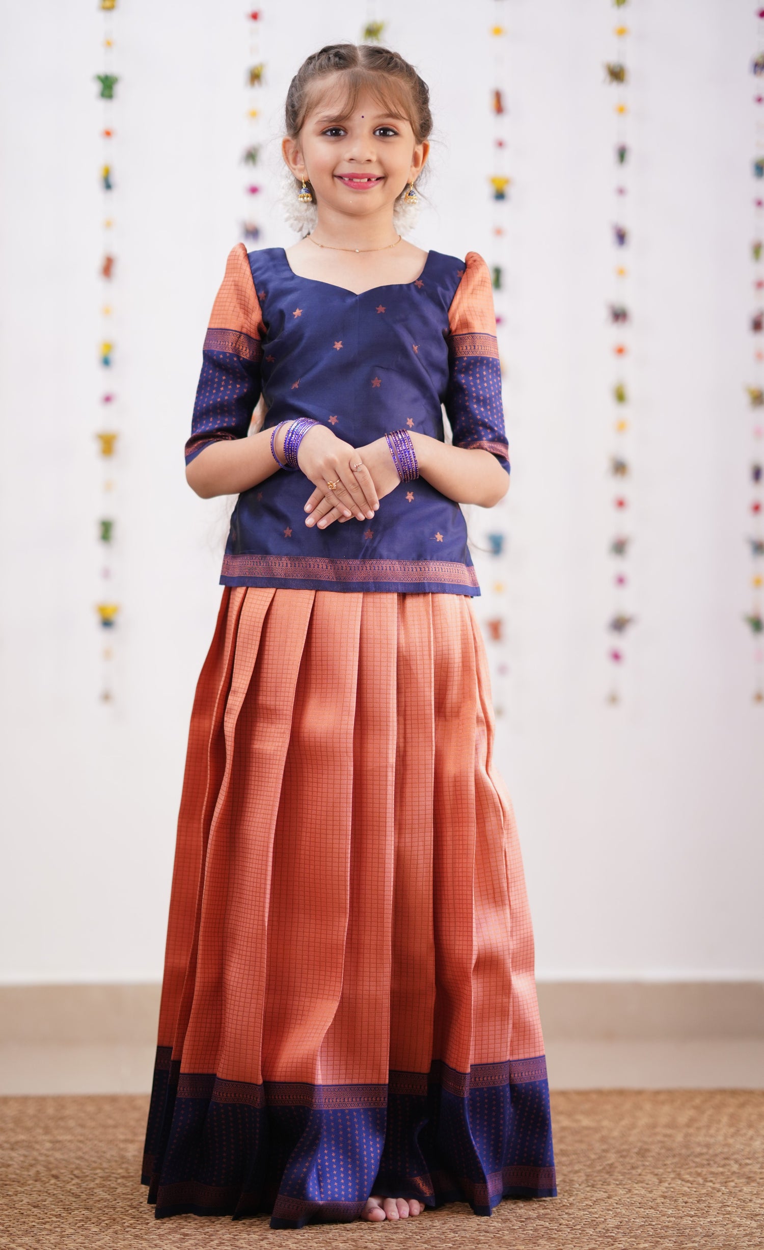 Padmakshi - Copper shade and Navy Blue tone Blended Silk Pavadai Sattai