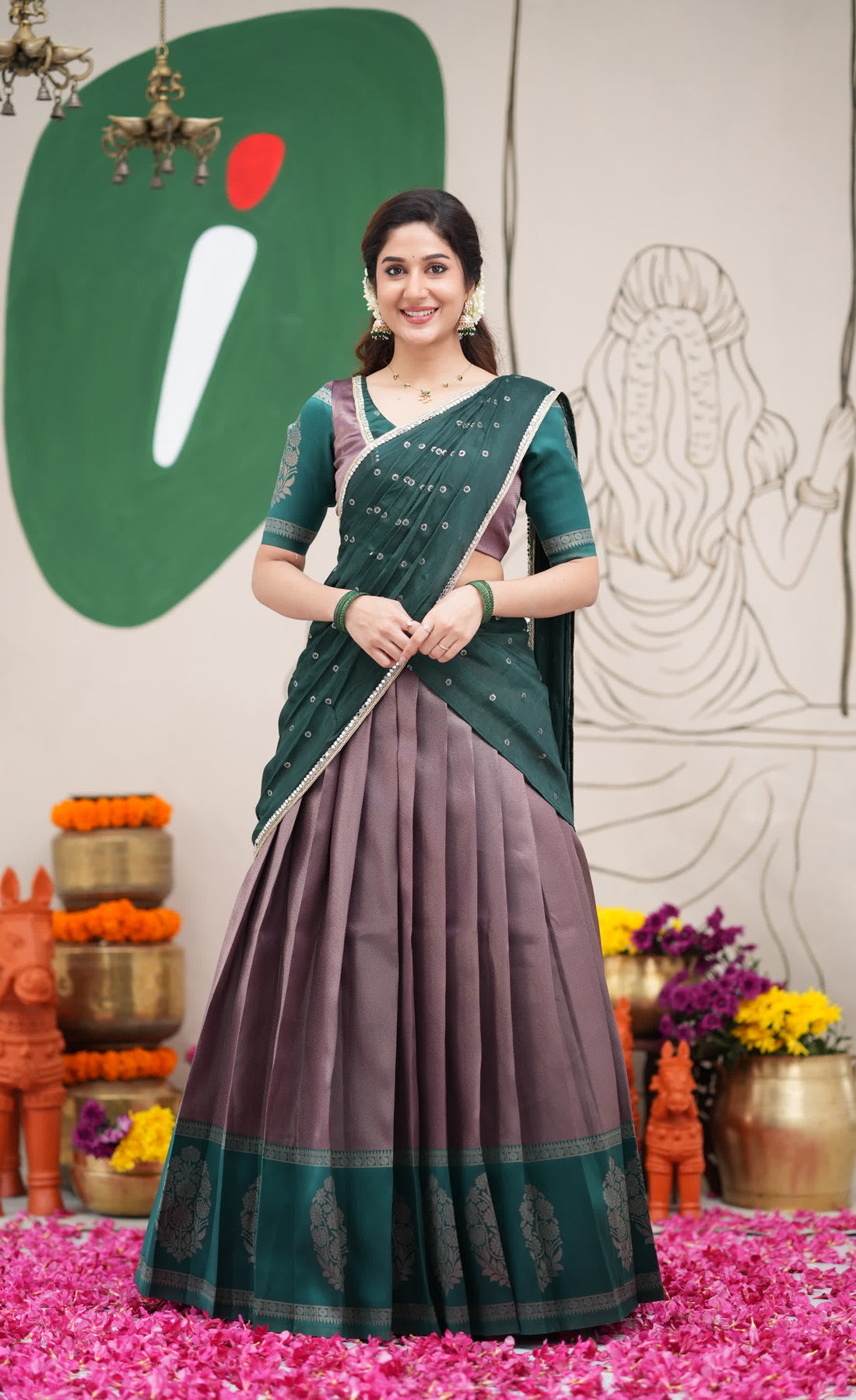 Padmakshi Dark Purple and Dark Green Blended Silk Halfsaree