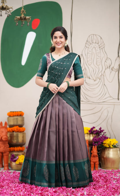 Padmakshi Dark Purple and Dark Green Blended Silk Halfsaree