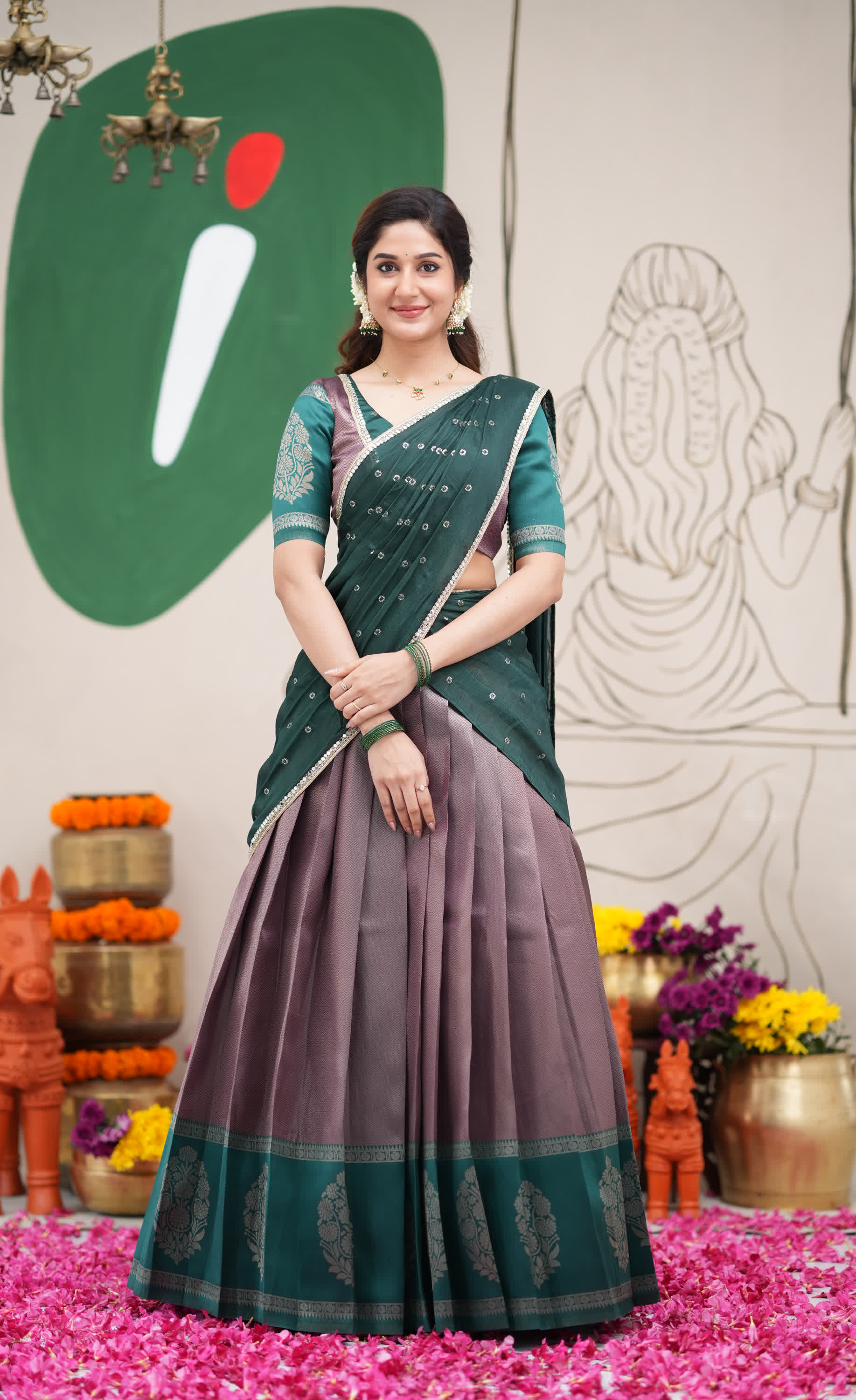 Padmakshi Dark Purple and Dark Green Blended Silk Halfsaree