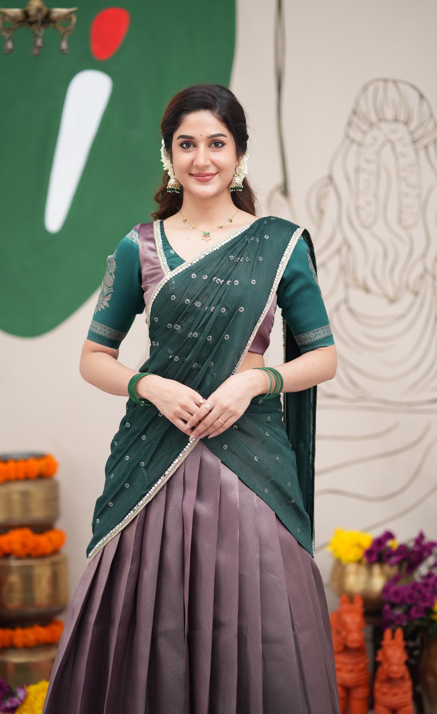 Padmakshi Dark Purple and Dark Green Blended Silk Halfsaree