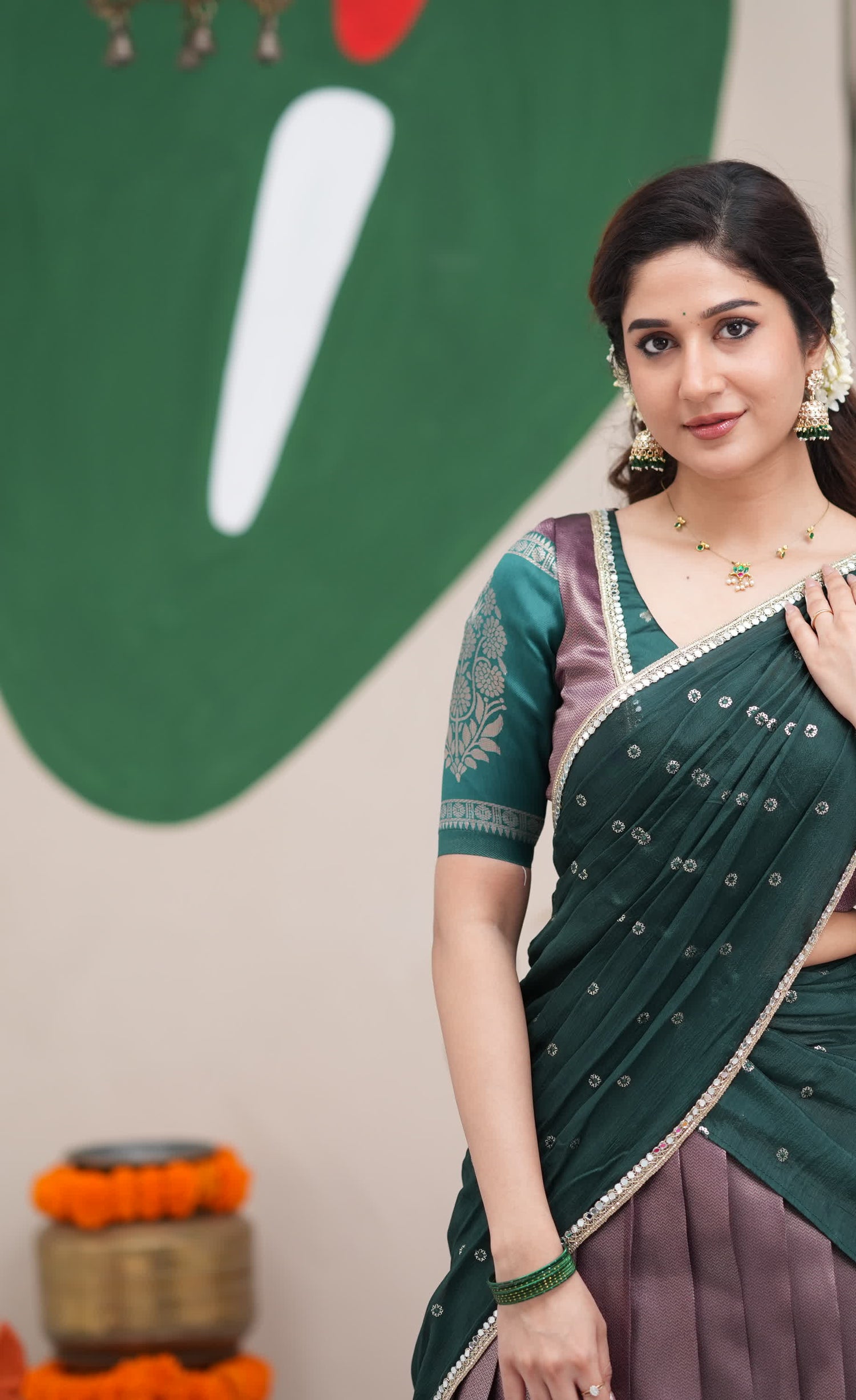 Padmakshi Dark Purple and Dark Green Blended Silk Halfsaree