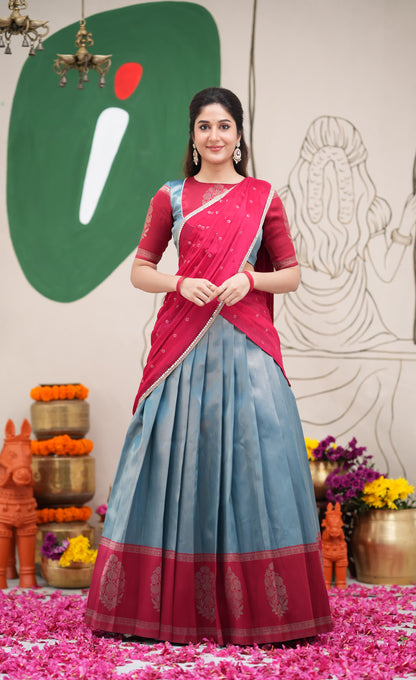 Padmakshi Blue and Red Blended Silk Halfsaree