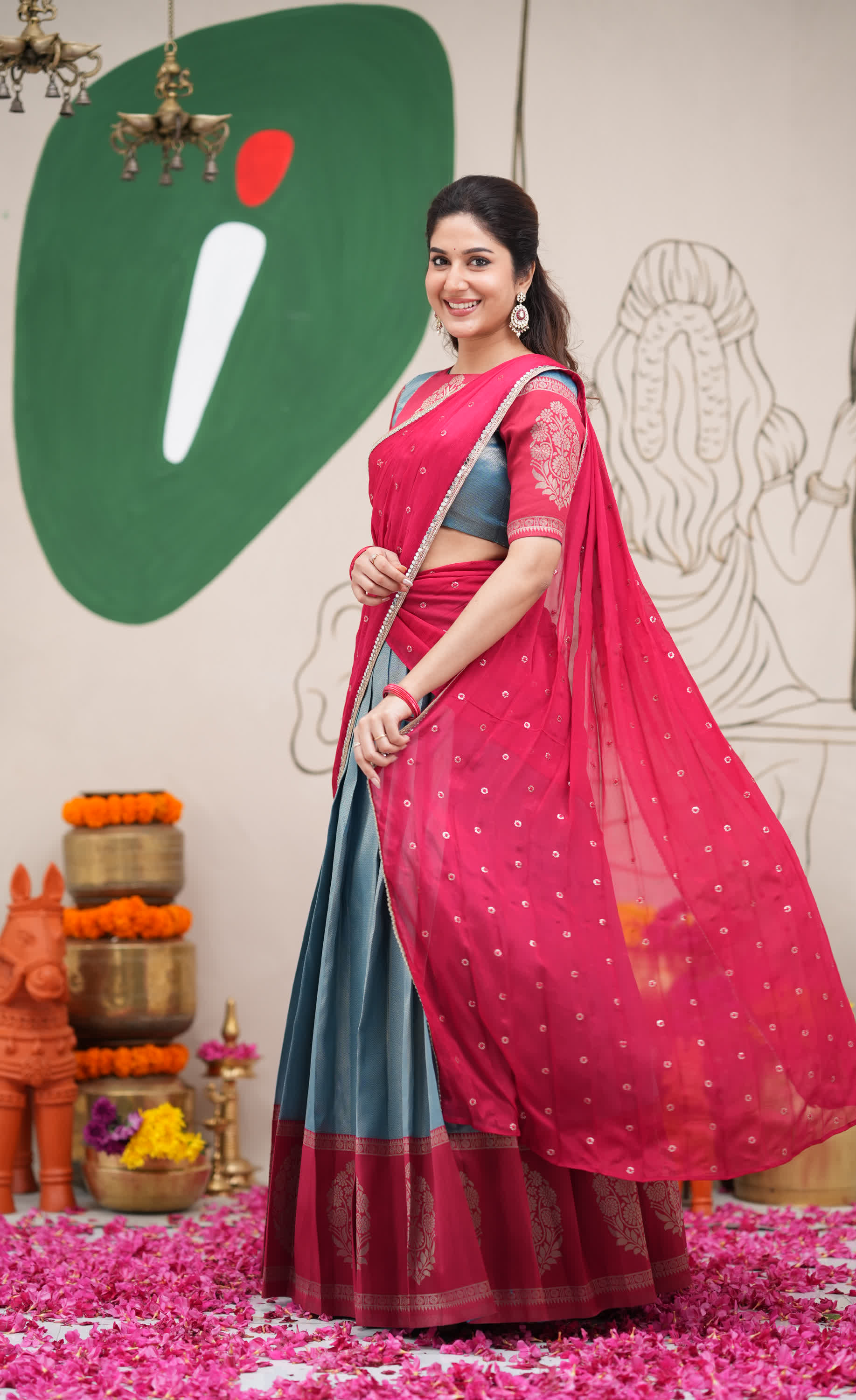 Padmakshi Blue and Red Blended Silk Halfsaree