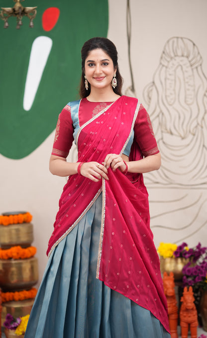 Padmakshi Blue and Red Blended Silk Halfsaree