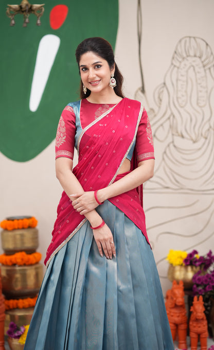 Padmakshi Blue and Red Blended Silk Halfsaree