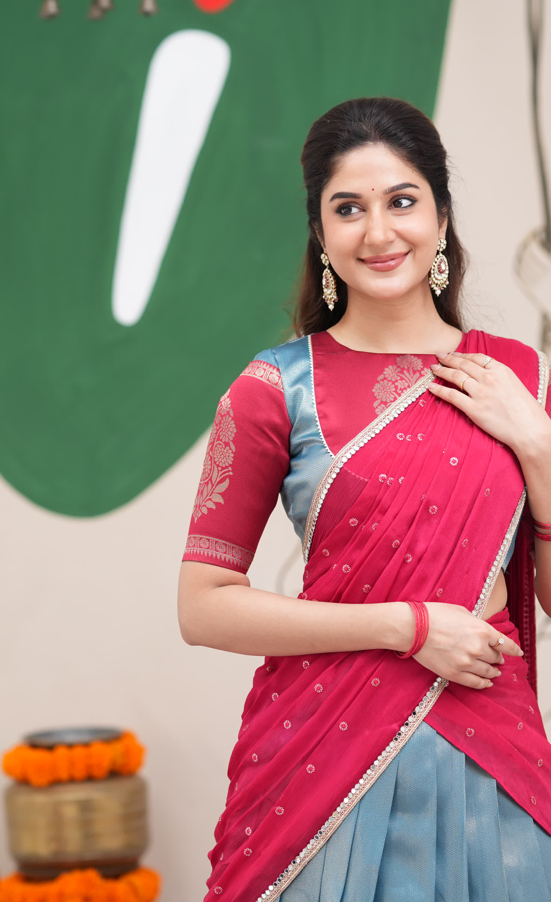 Padmakshi Blue and Red Blended Silk Halfsaree