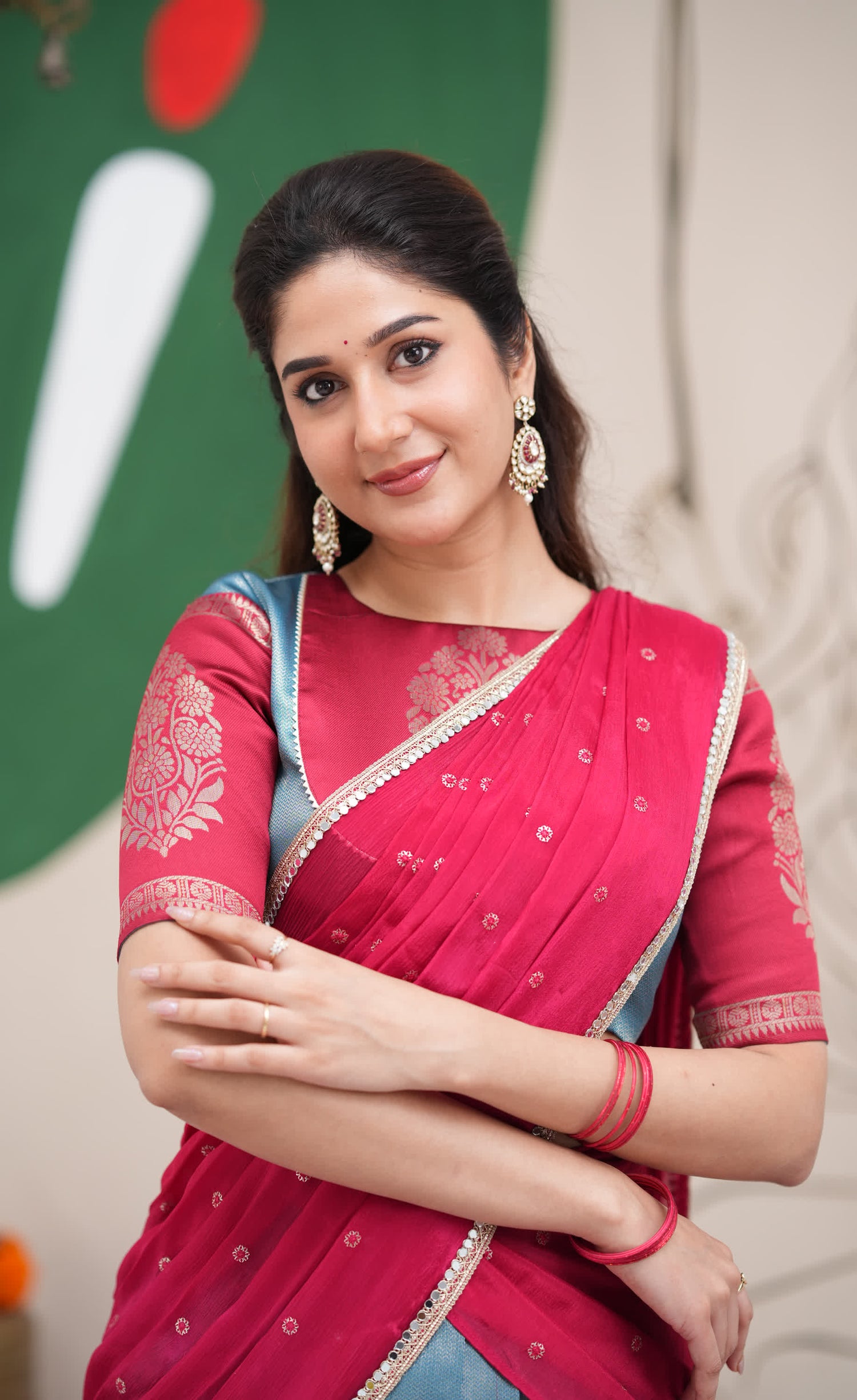 Padmakshi Blue and Red Blended Silk Halfsaree