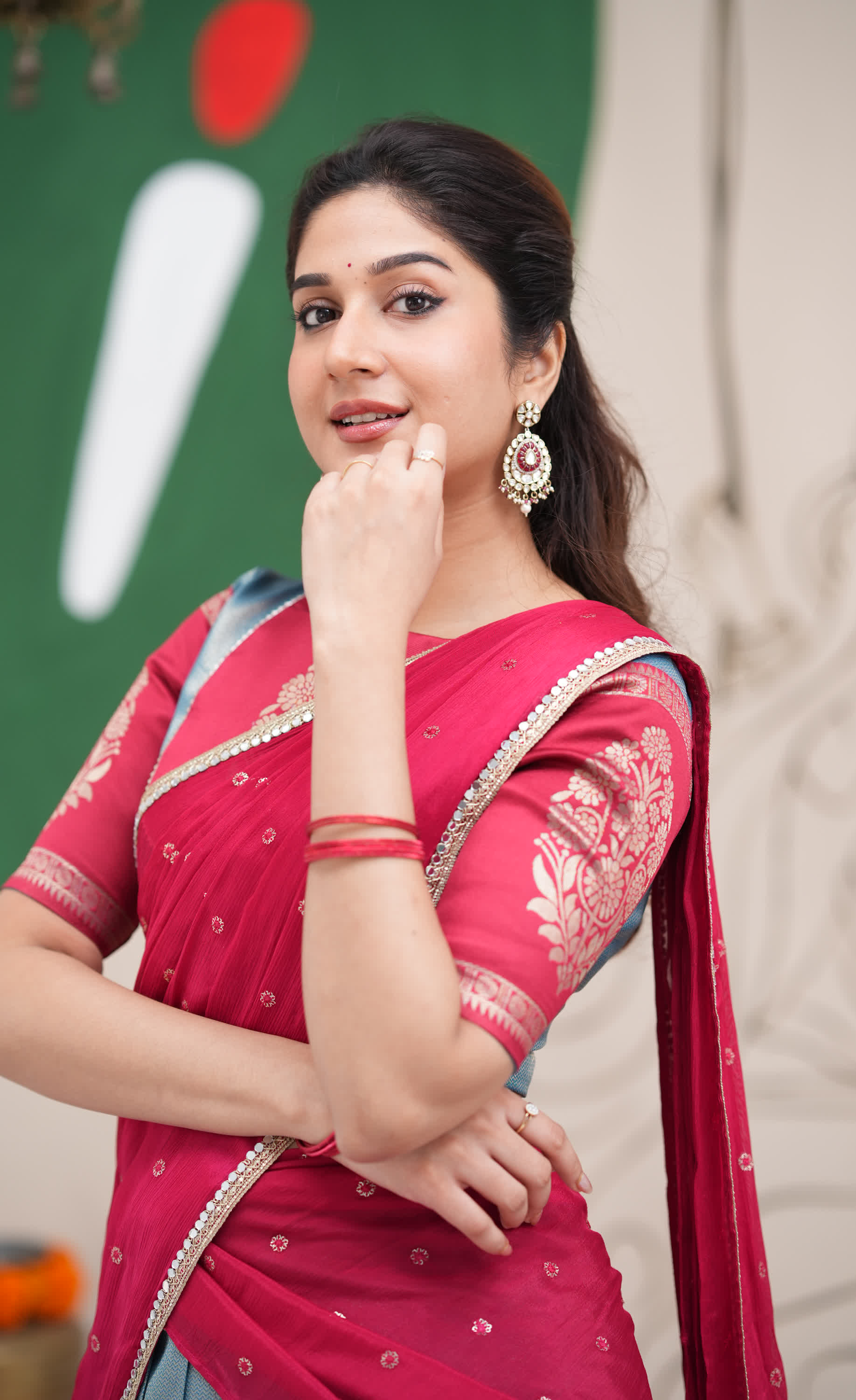 Padmakshi Blue and Red Blended Silk Halfsaree