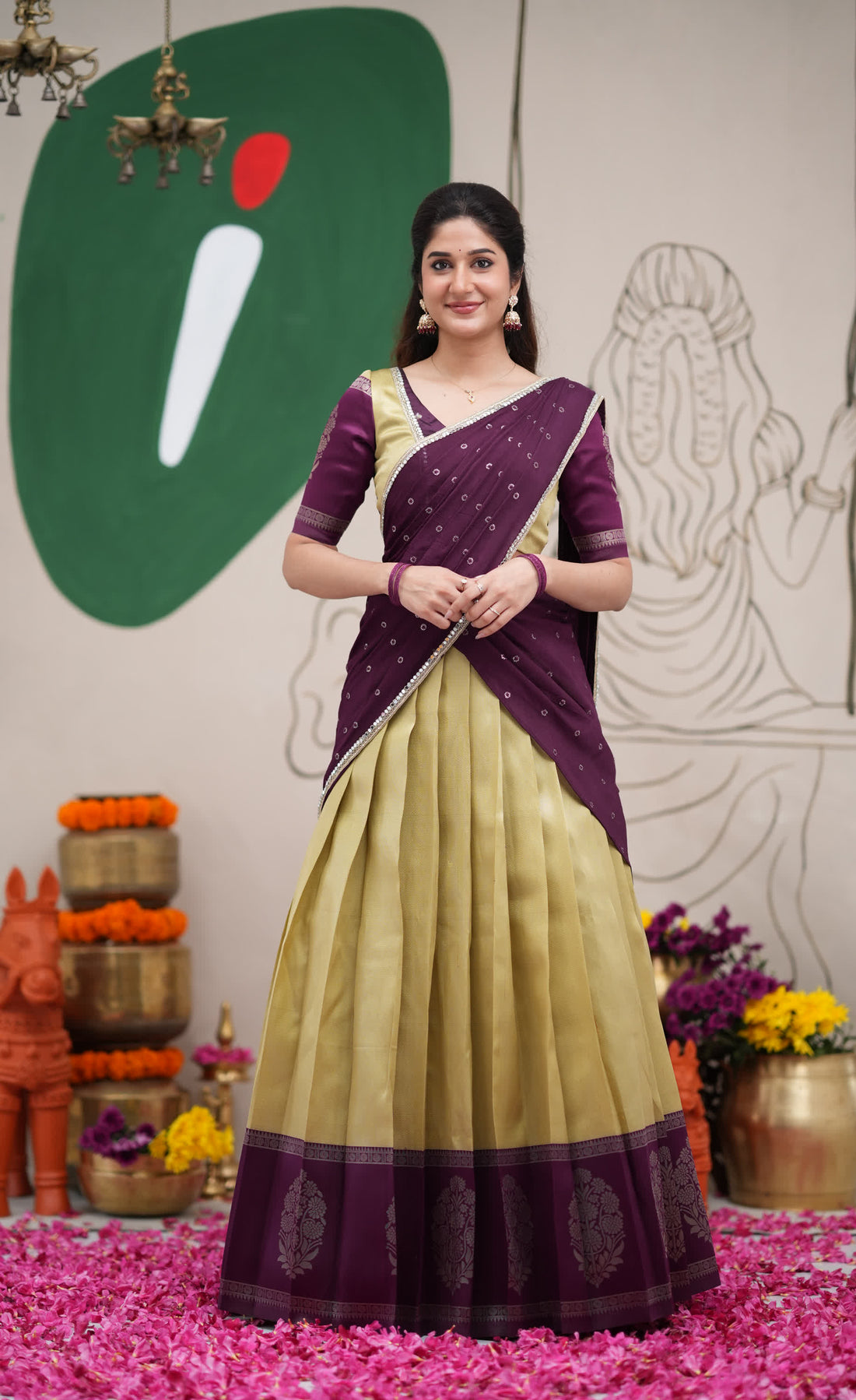 Padmakshi Pastel Yellow and Dark Purplish Wine Blended Silk Halfsaree