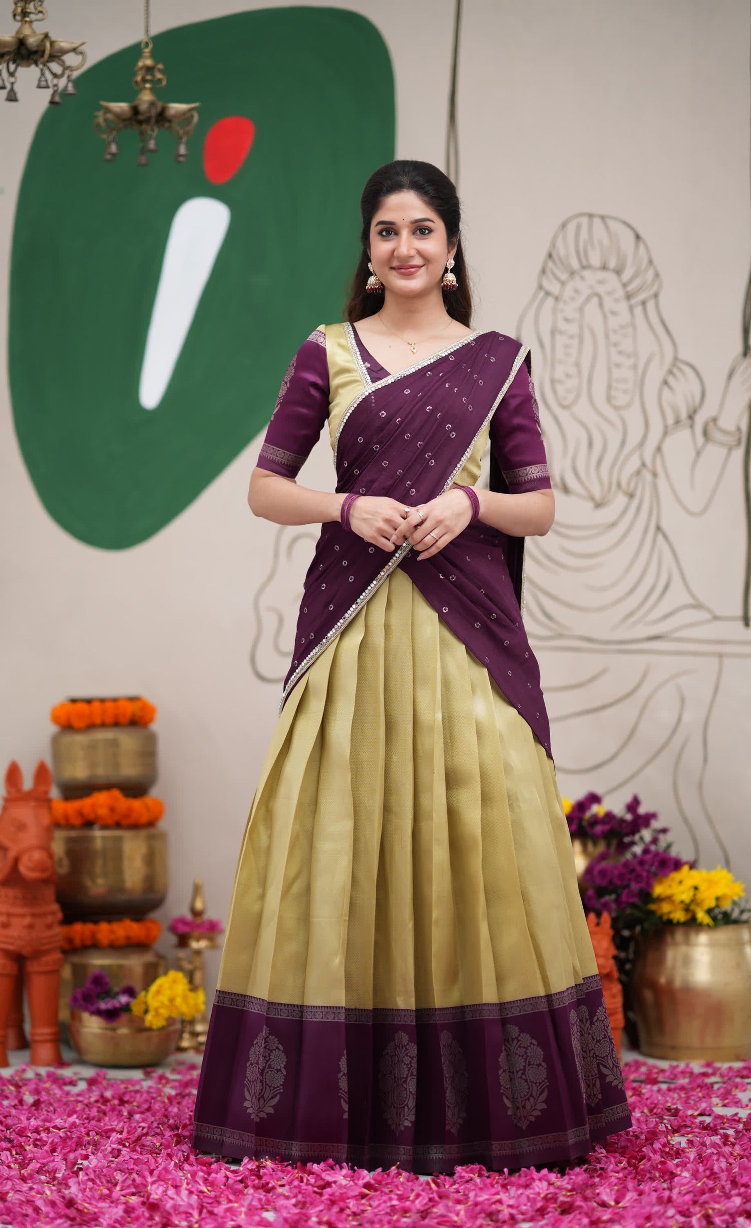 Padmakshi Pastel Yellow and Dark Purplish Wine Blended Silk Halfsaree