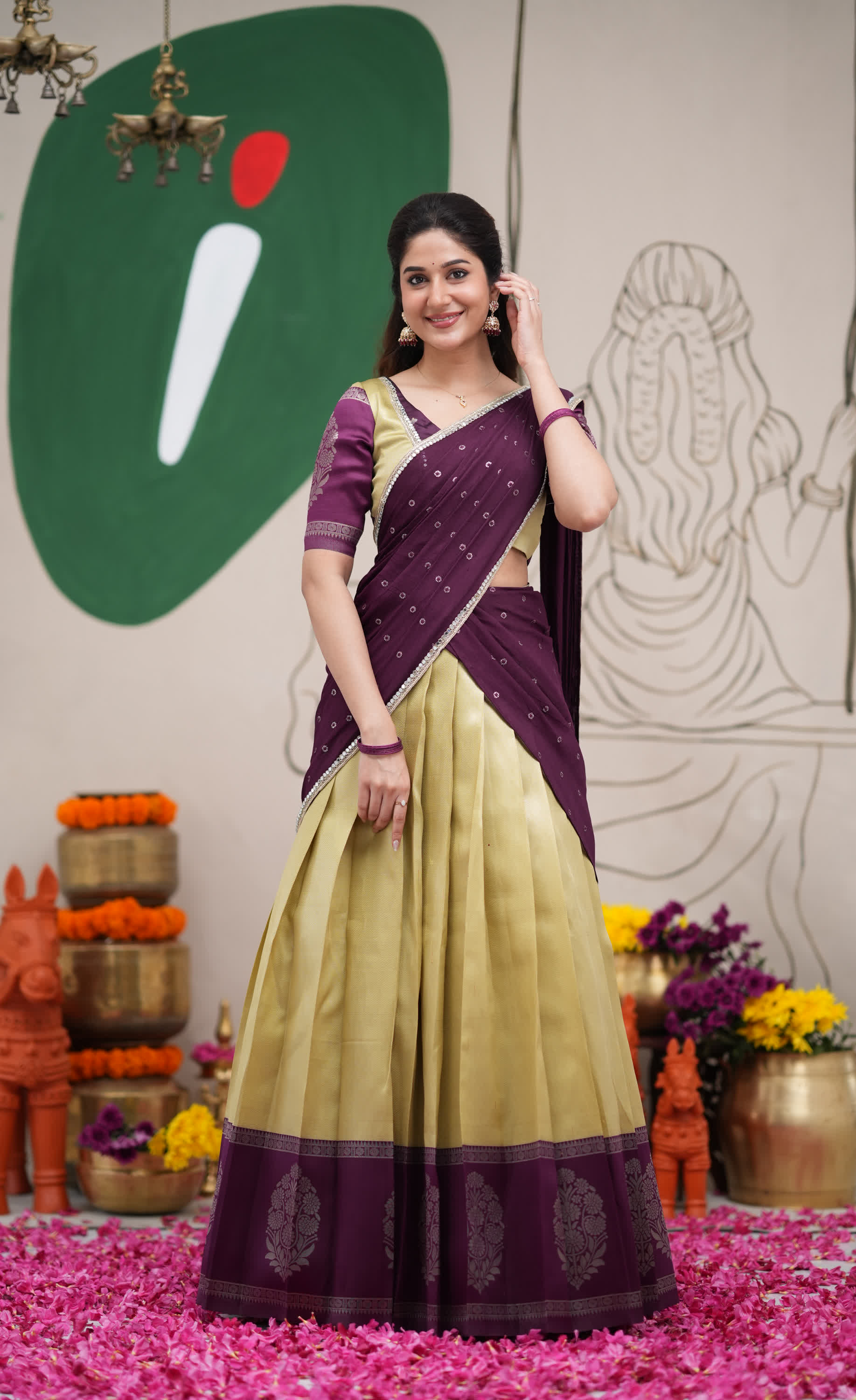 Padmakshi Pastel Yellow and Dark Purplish Wine Blended Silk Halfsaree