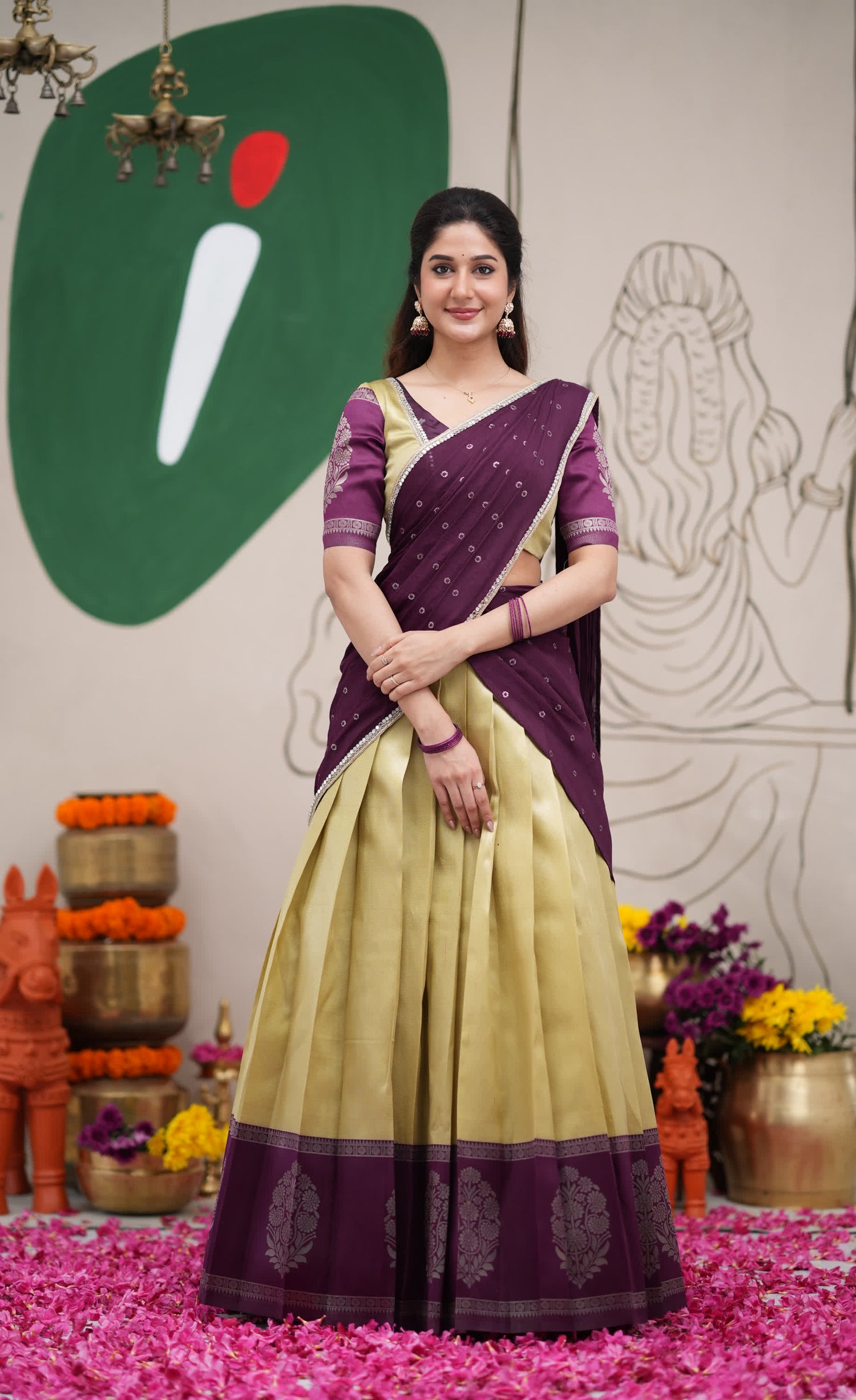 Padmakshi Pastel Yellow and Dark Purplish Wine Blended Silk Halfsaree