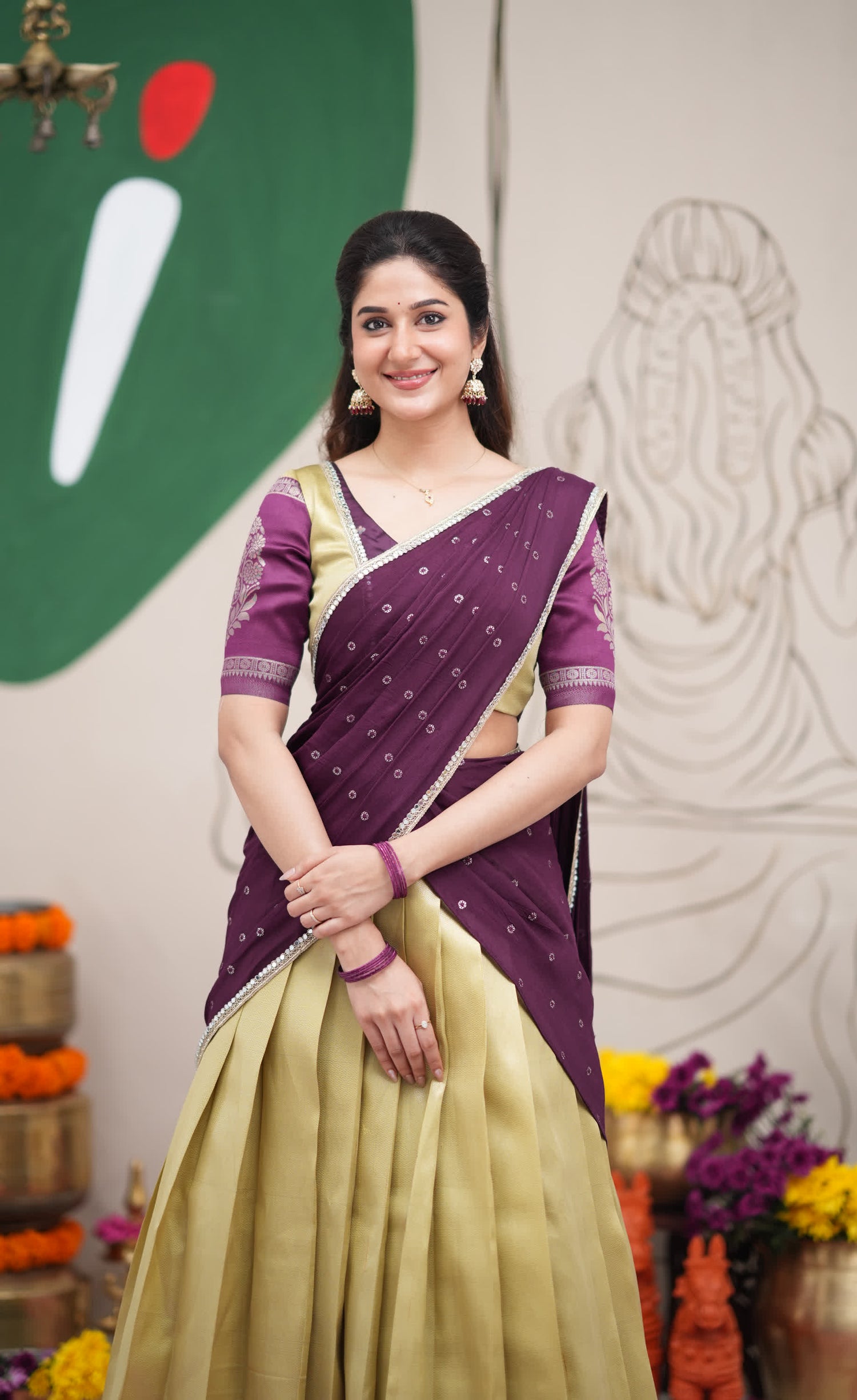 Padmakshi Pastel Yellow and Dark Purplish Wine Blended Silk Halfsaree