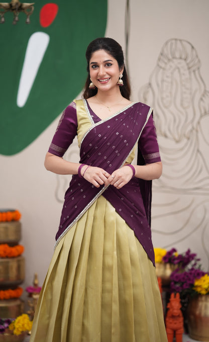 Padmakshi Pastel Yellow and Dark Purplish Wine Blended Silk Halfsaree