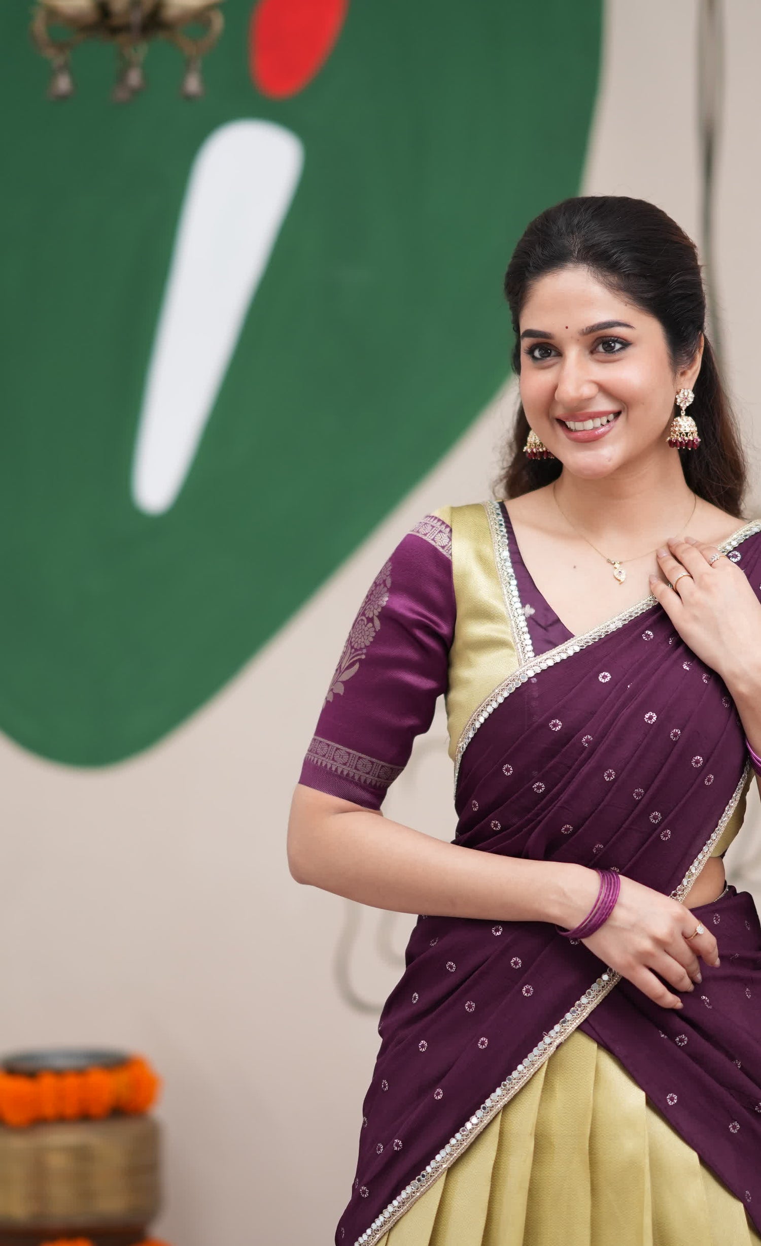 Padmakshi Pastel Yellow and Dark Purplish Wine Blended Silk Halfsaree