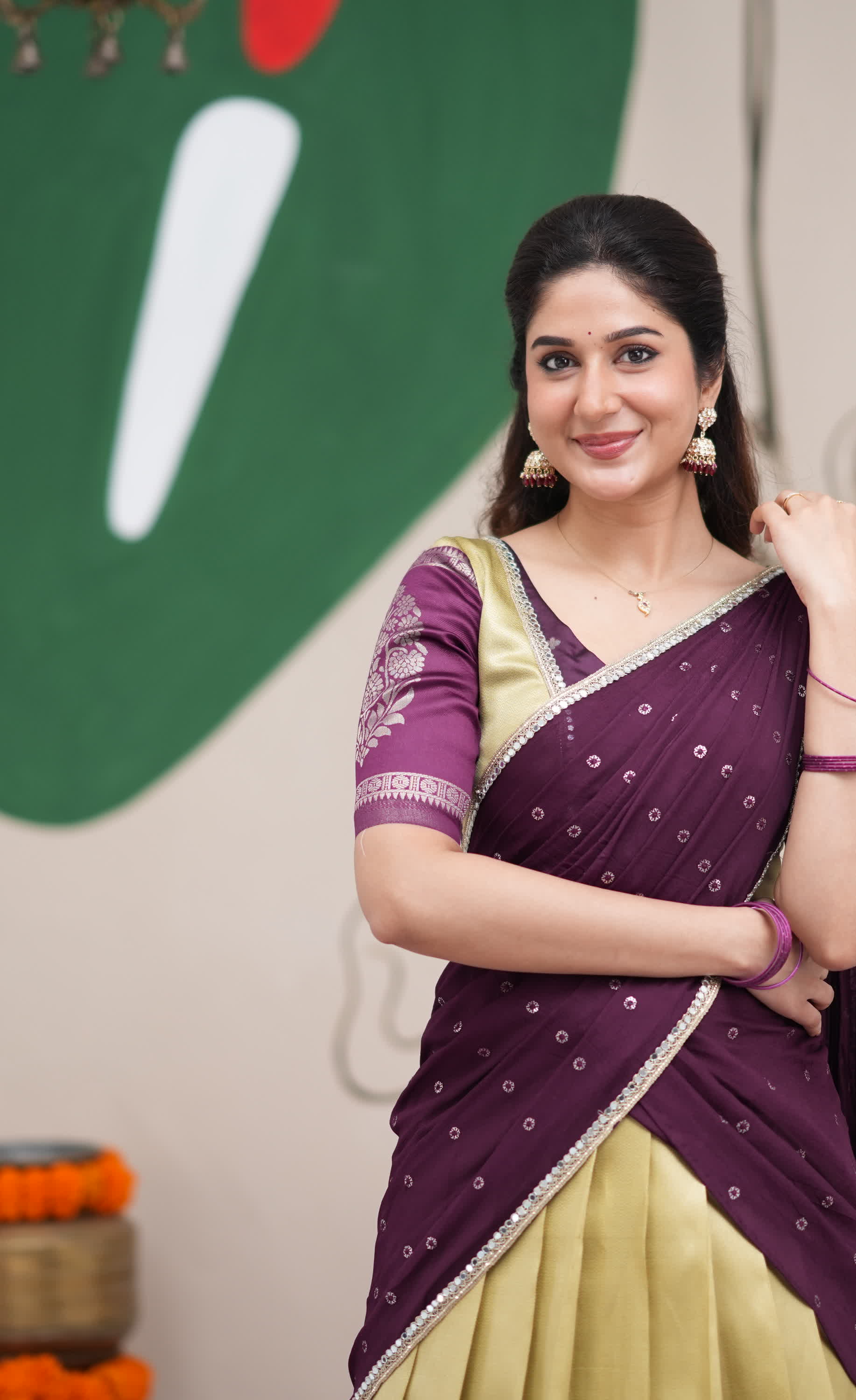 Padmakshi Pastel Yellow and Dark Purplish Wine Blended Silk Halfsaree