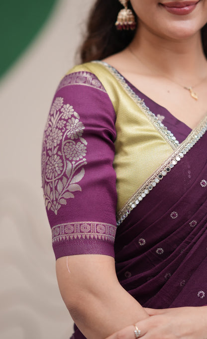 Padmakshi Pastel Yellow and Dark Purplish Wine Blended Silk Halfsaree