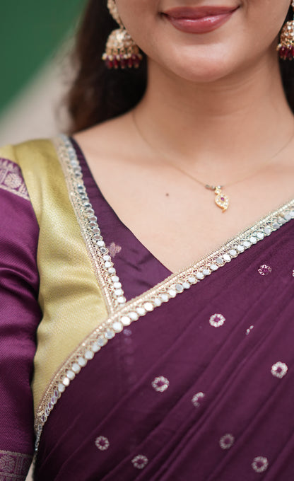 Padmakshi Pastel Yellow and Dark Purplish Wine Blended Silk Halfsaree