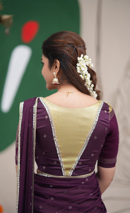 Padmakshi Pastel Yellow and Dark Purplish Wine Blended Silk Halfsaree