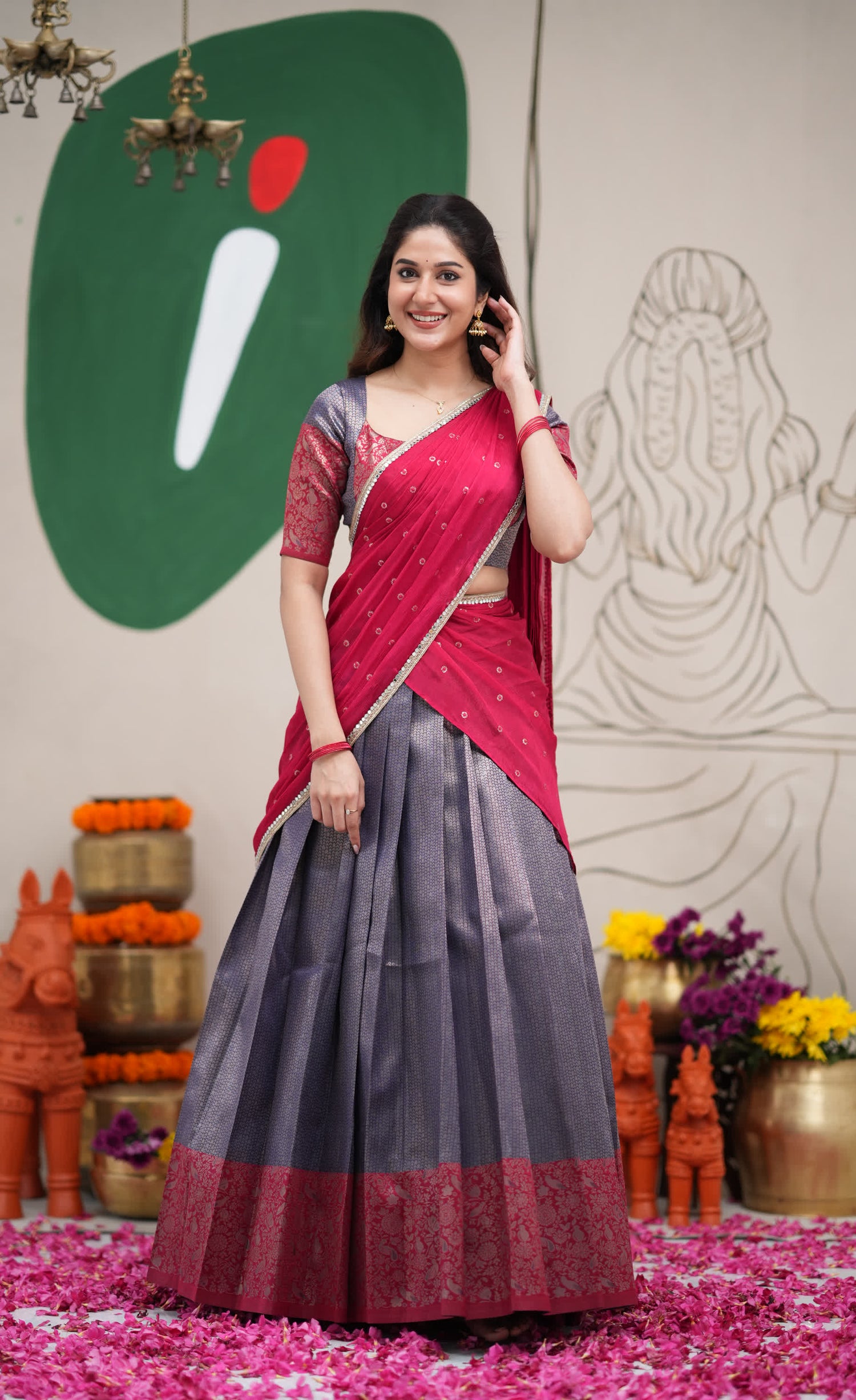 Padmakshi Dark Blue and Red Blended Silk Halfsaree