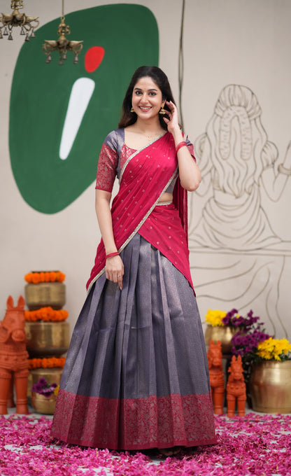 Padmakshi Dark Blue and Red Blended Silk Halfsaree