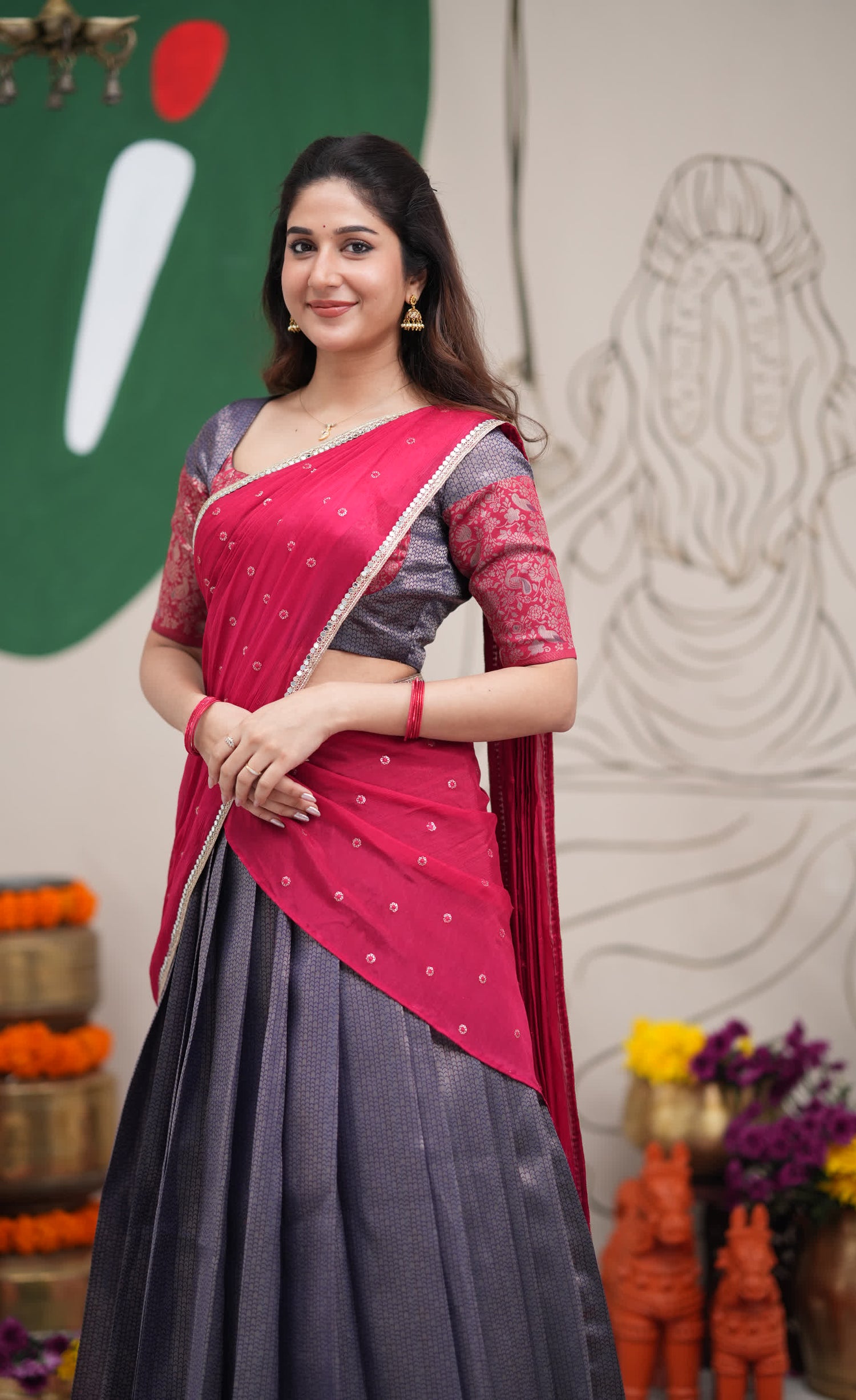 Padmakshi Dark Blue and Red Blended Silk Halfsaree