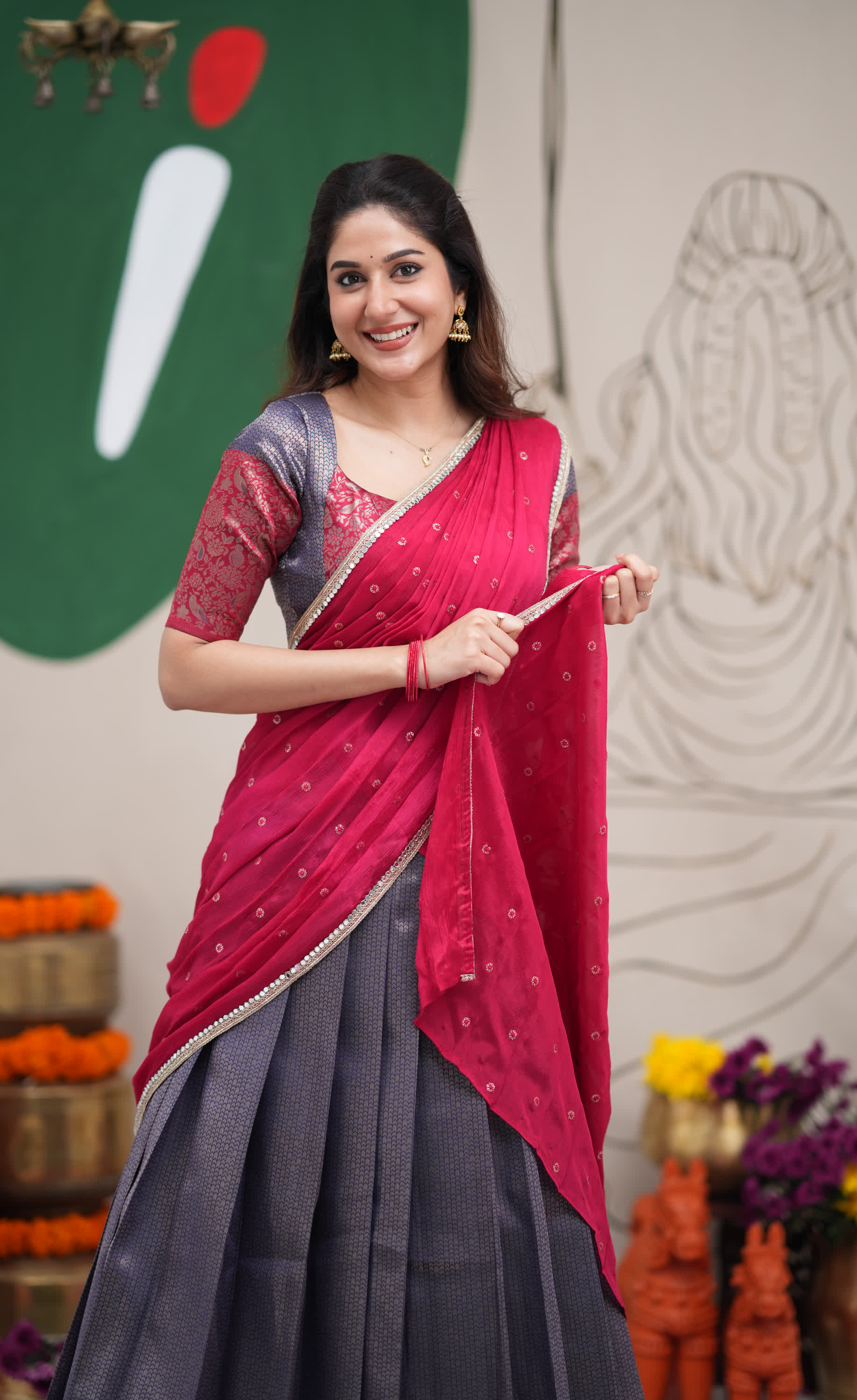 Padmakshi Dark Blue and Red Blended Silk Halfsaree