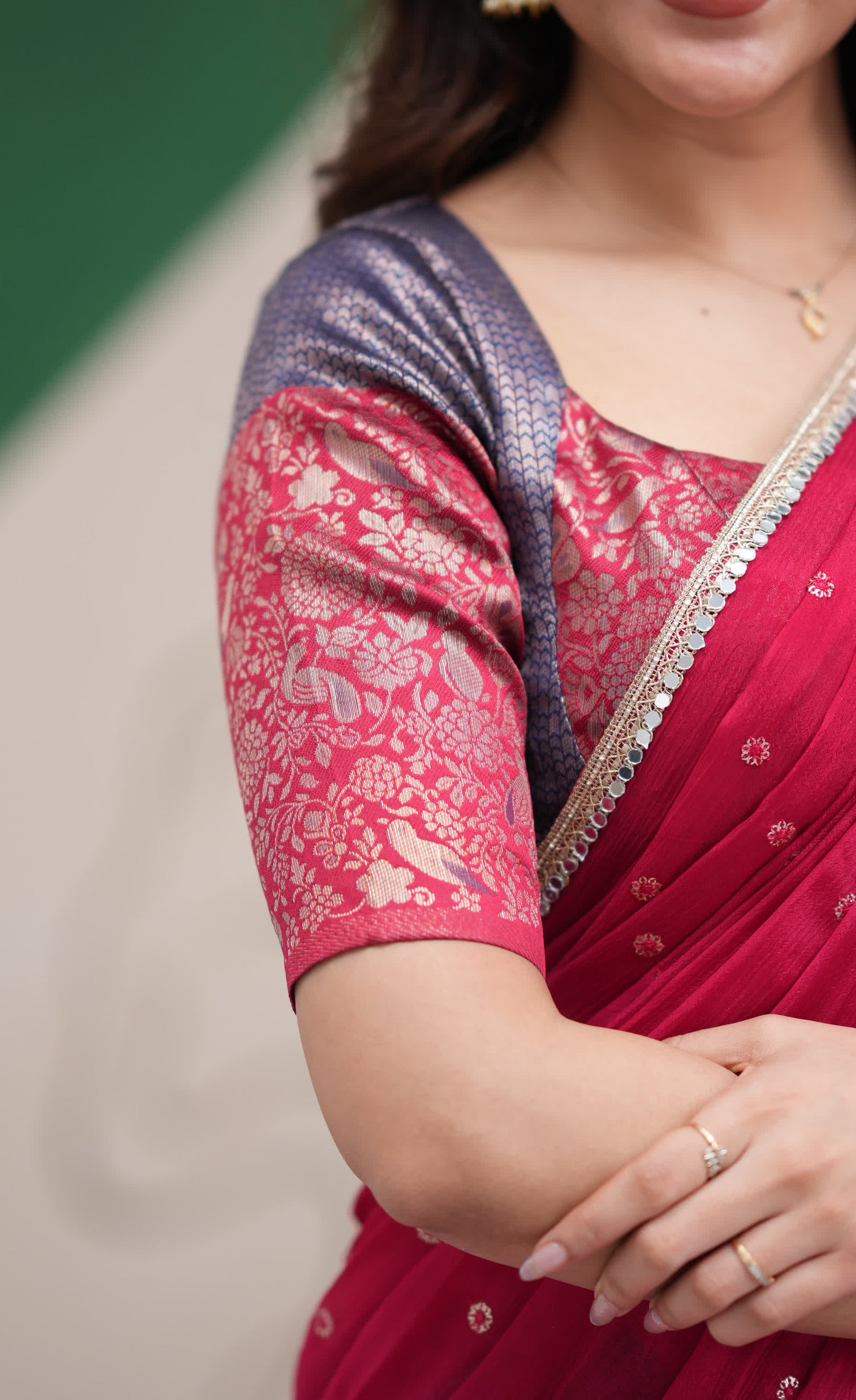 Padmakshi Dark Blue and Red Blended Silk Halfsaree