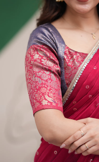 Padmakshi Dark Blue and Red Blended Silk Halfsaree