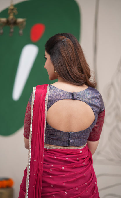 Padmakshi Dark Blue and Red Blended Silk Halfsaree