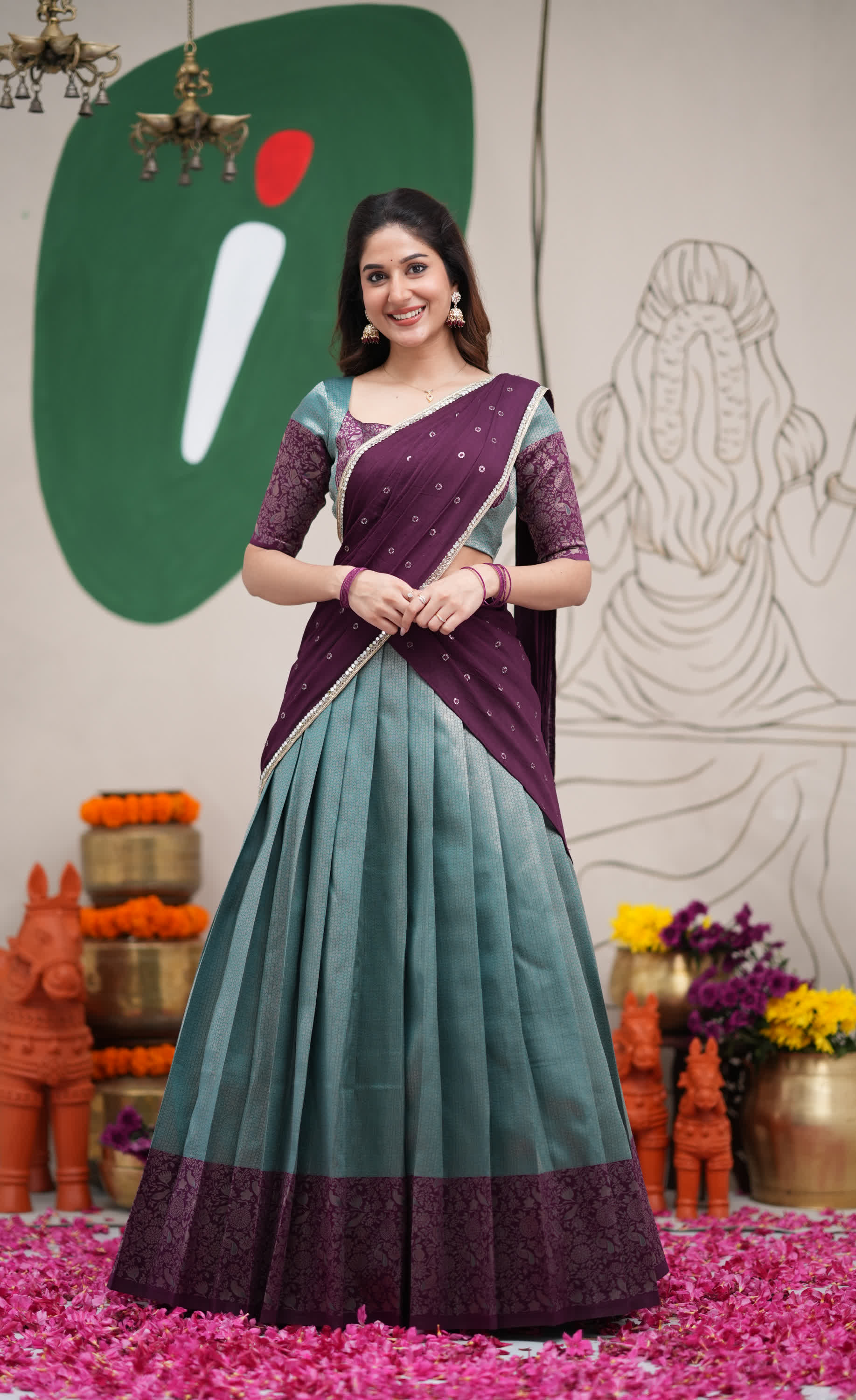 Padmakshi Teal Blue and Dark Purplish Wine Blended Silk Halfsaree