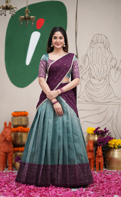 Padmakshi Teal Blue and Dark Purplish Wine Blended Silk Halfsaree