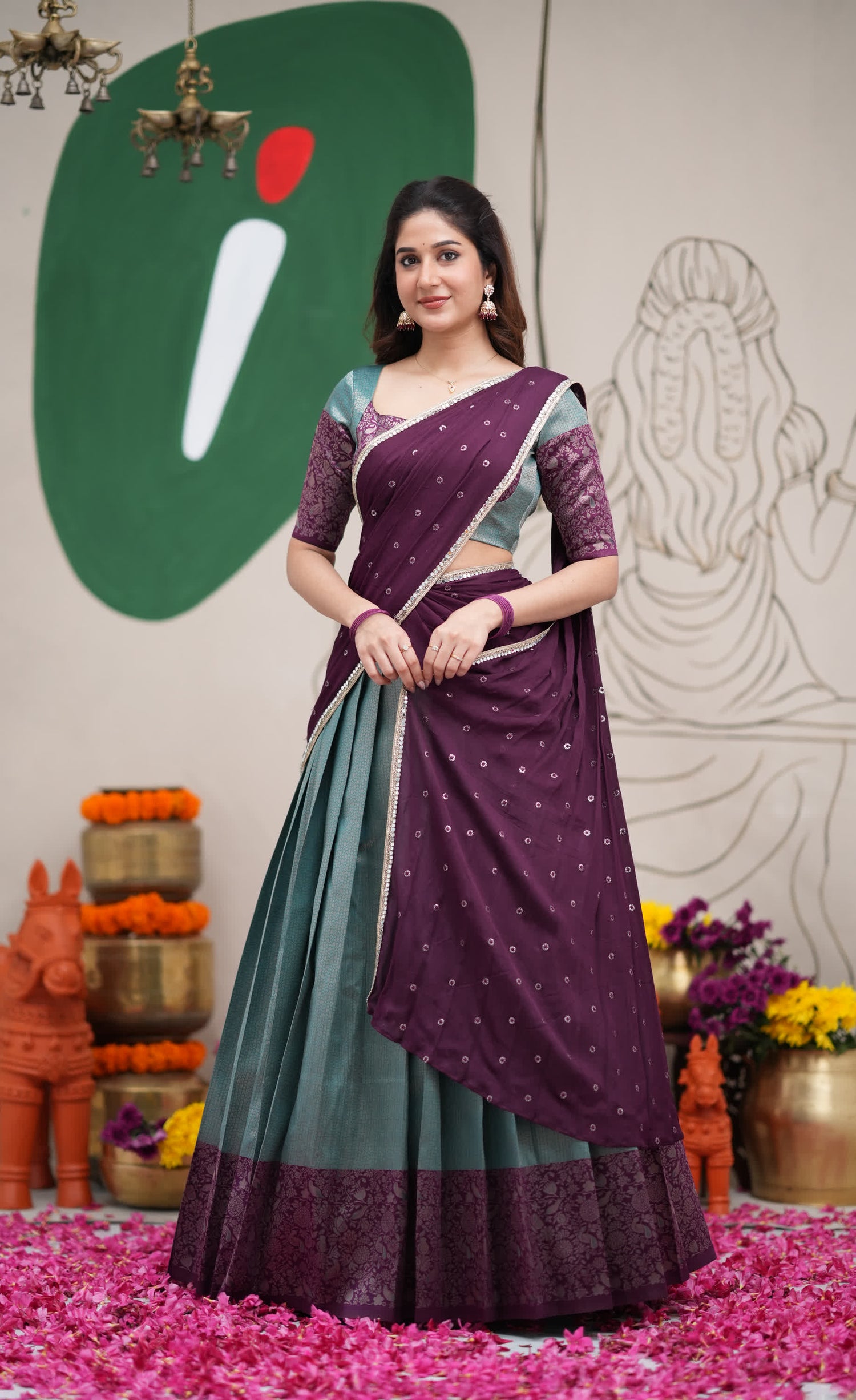 Padmakshi Teal Blue and Dark Purplish Wine Blended Silk Halfsaree
