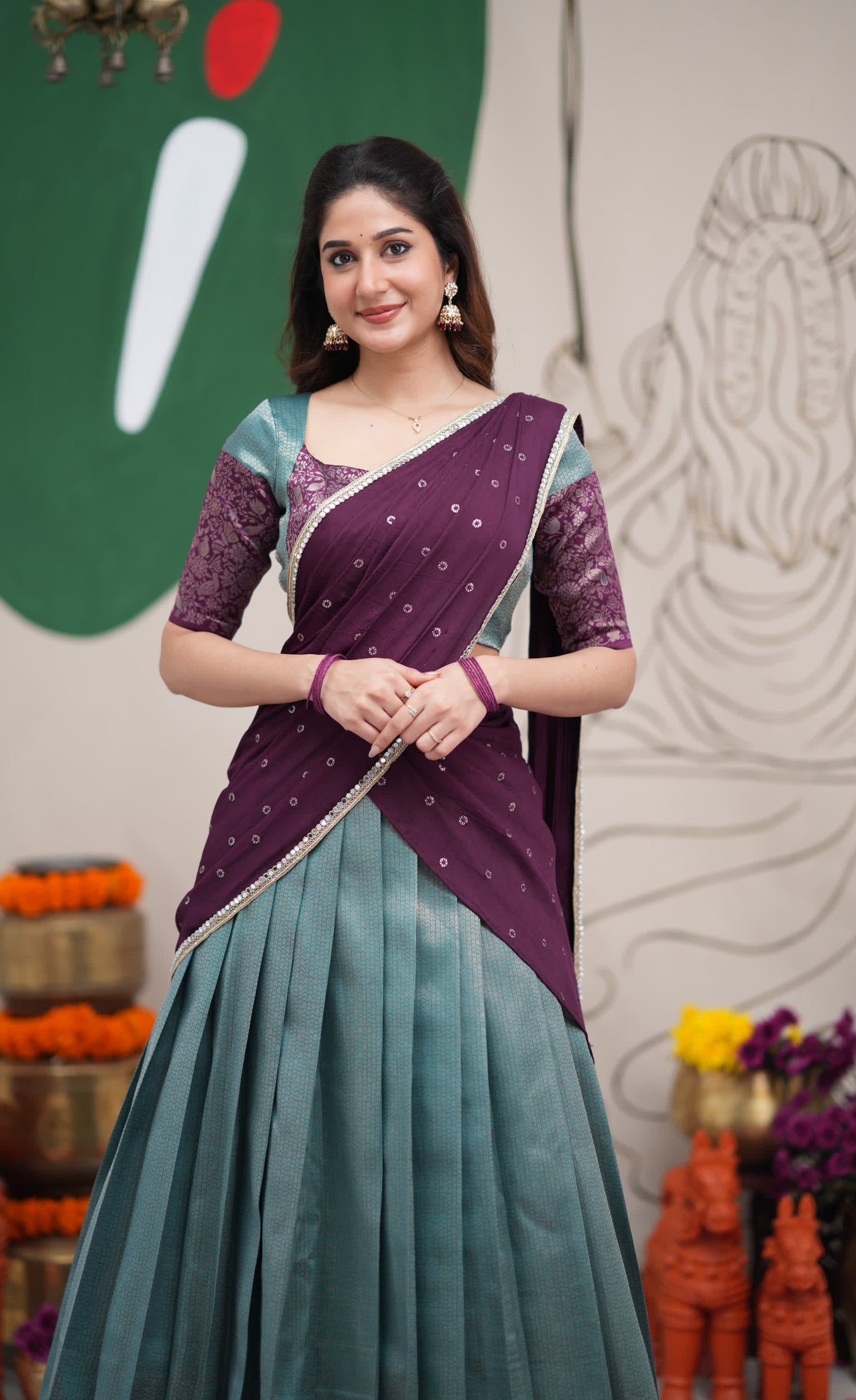 Padmakshi Teal Blue and Dark Purplish Wine Blended Silk Halfsaree