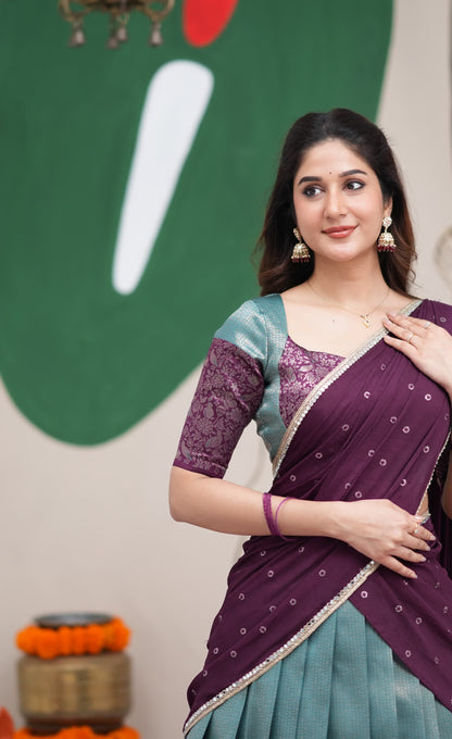 Padmakshi Teal Blue and Dark Purplish Wine Blended Silk Halfsaree