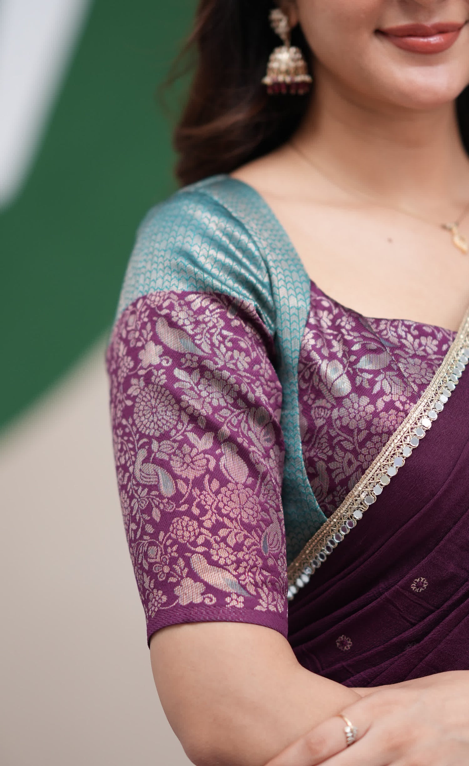 Padmakshi Teal Blue and Dark Purplish Wine Blended Silk Halfsaree