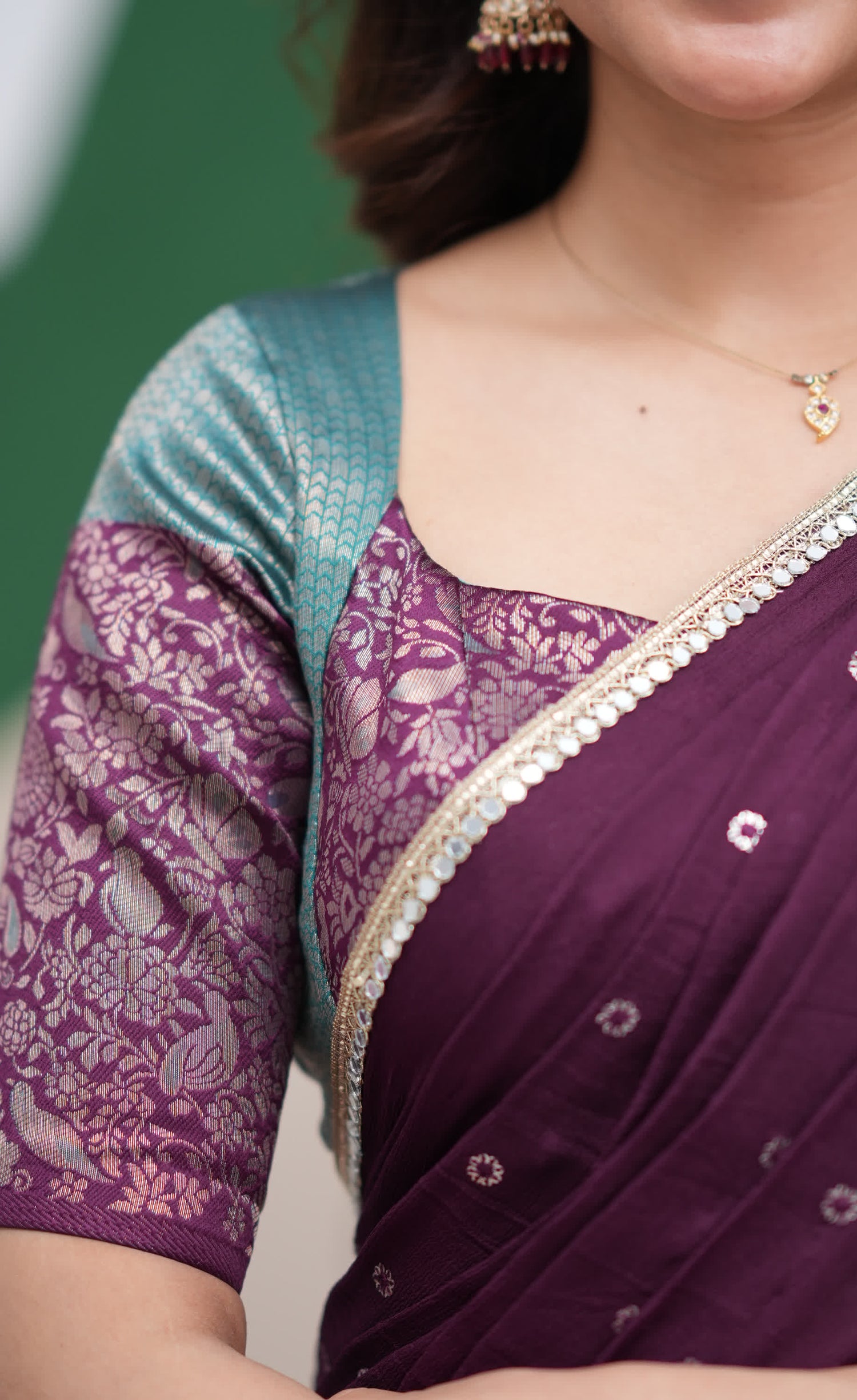 Padmakshi Teal Blue and Dark Purplish Wine Blended Silk Halfsaree