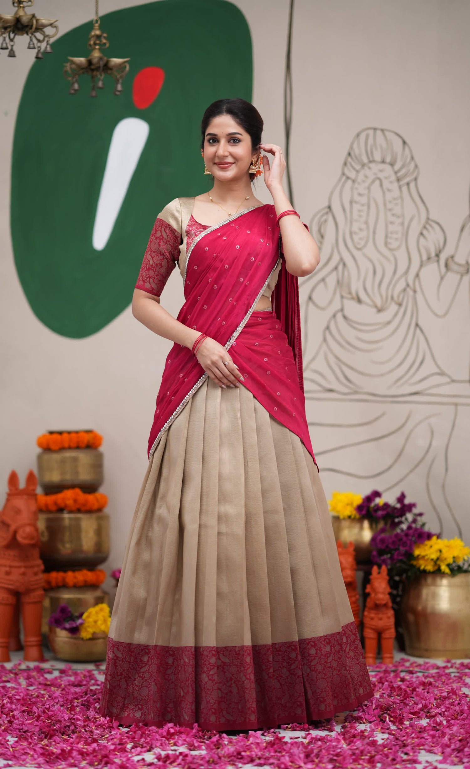Padmakshi Creamish Gold and Red Blended Silk Halfsaree