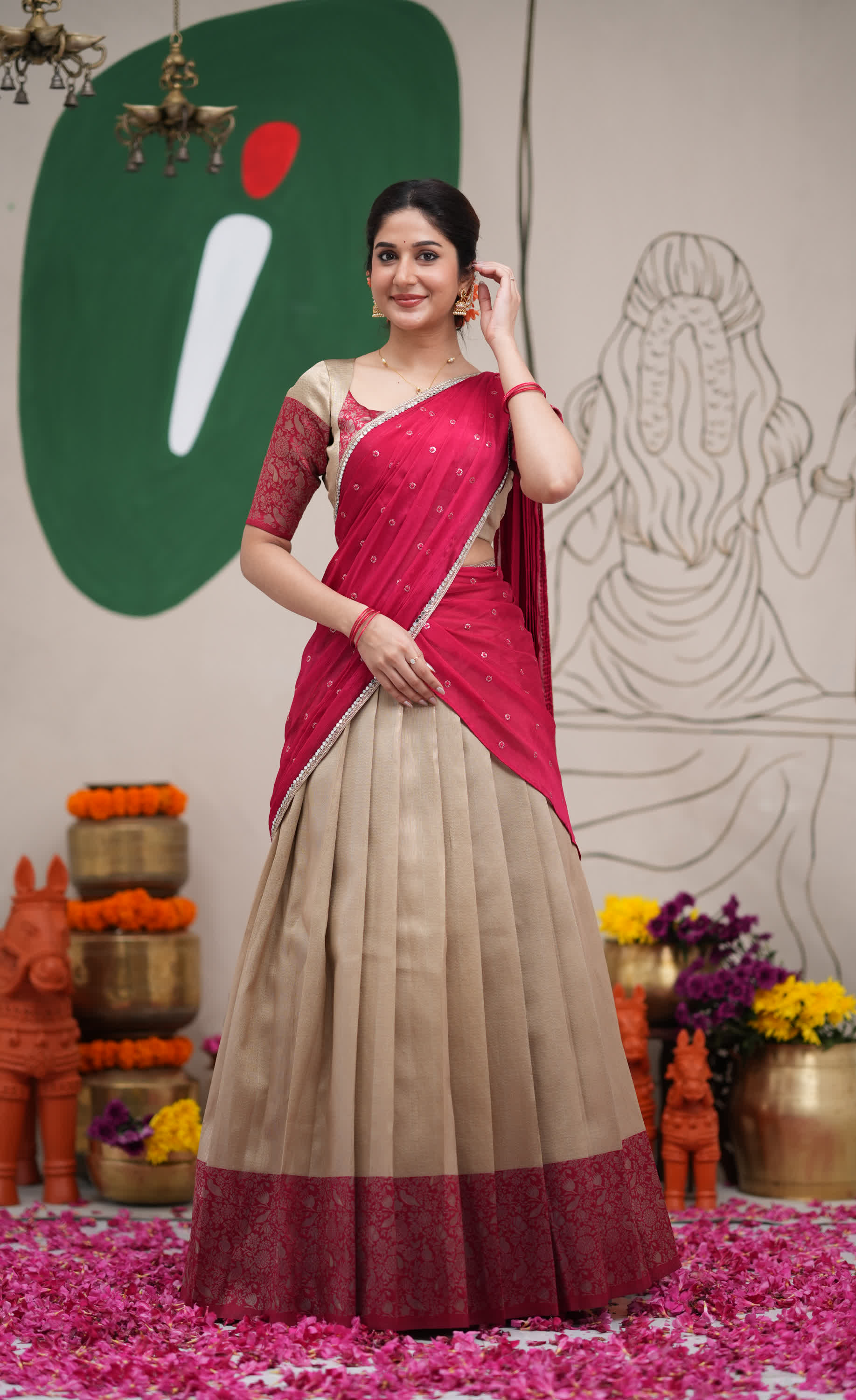 Padmakshi Creamish Gold and Red Blended Silk Halfsaree