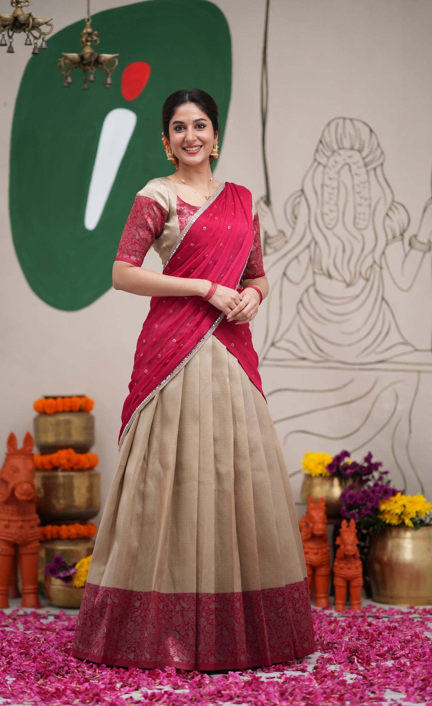 Padmakshi Creamish Gold and Red Blended Silk Halfsaree